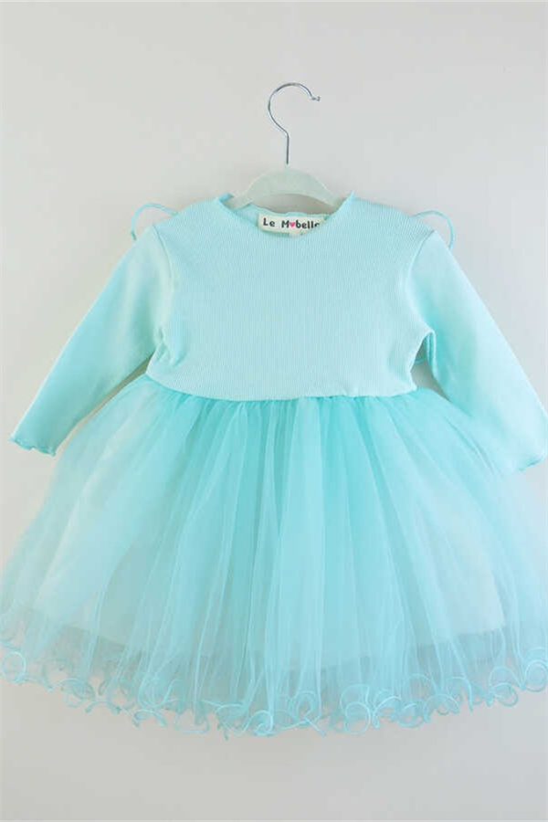 Uzun Kollu Mint Kelebekli Kız Çocuk Elbise - Papillo