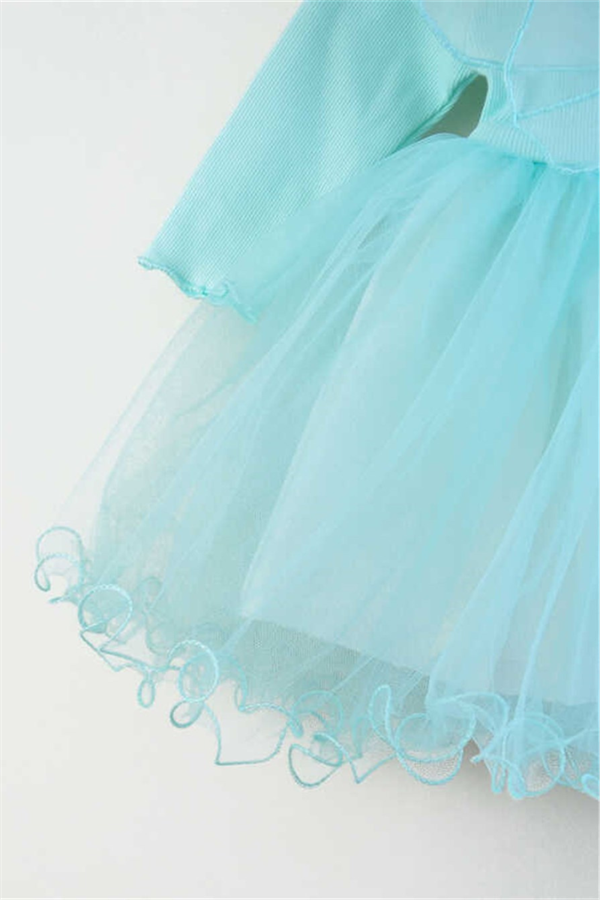 Uzun Kollu Mint Kelebekli Kız Çocuk Elbise - Papillo