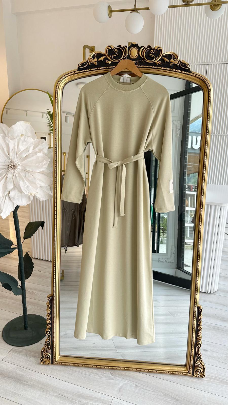 Arina Soft Kuşaklı Olive Elbise