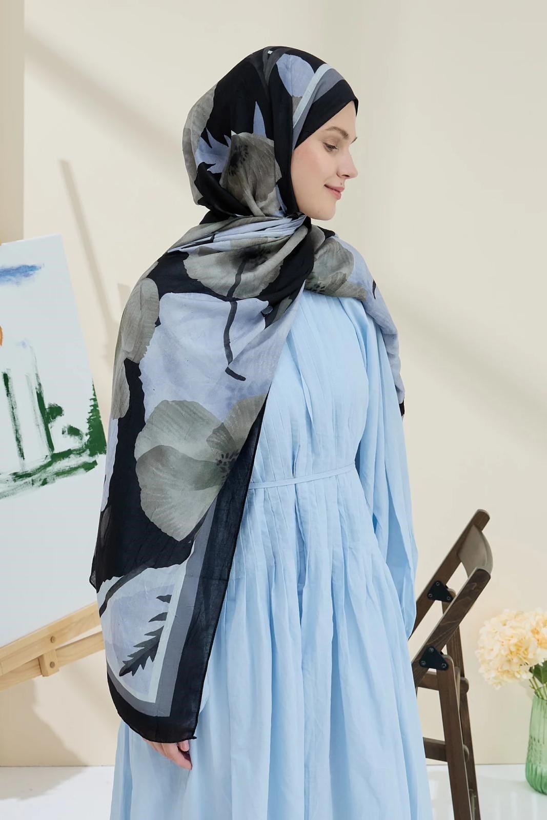 Gelincik Desen Bambu Şal Siyah