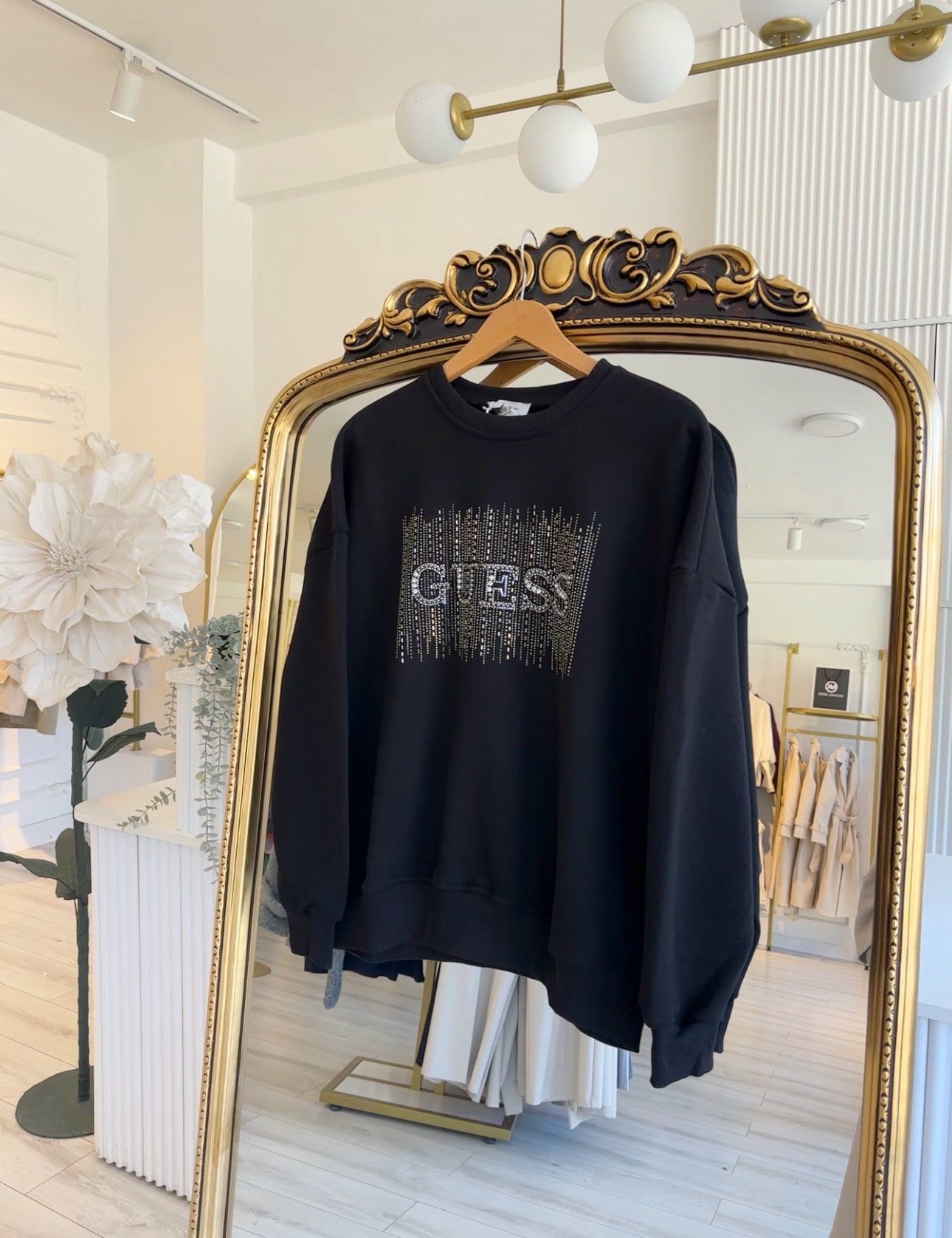 Guess Şık Taş İşlemeli Siyah Sweatshirt