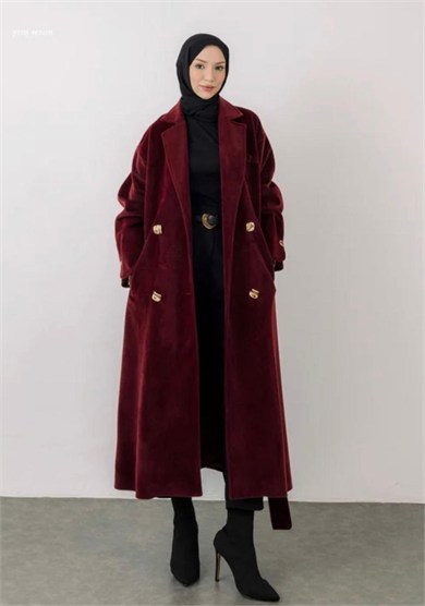 Kuşaklı Bordo Kaşe Kaban