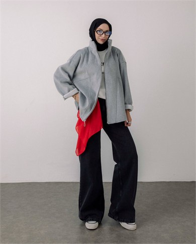 Oversize Fermuarlı Gri Kaşe Ceket