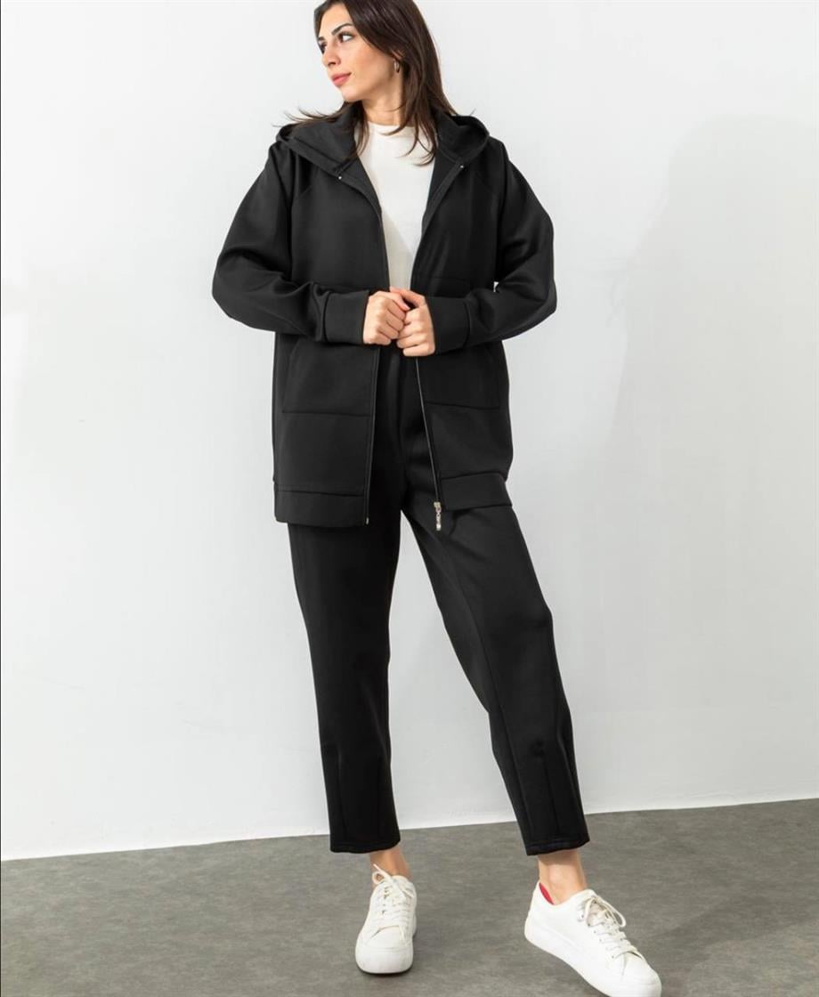 Oversize Fermuarlı Siyah Scuba Takım