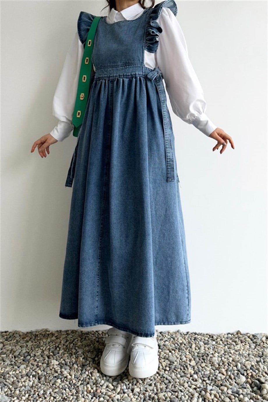 Yanlardan Bağlamalı Omuzları Fırfırlı Denim Jile