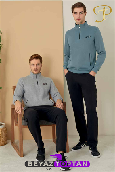 Polat Tekstil Erkek Önden Yarım Fermuarlı Cepli Uzun Kol Pİjama Takımı