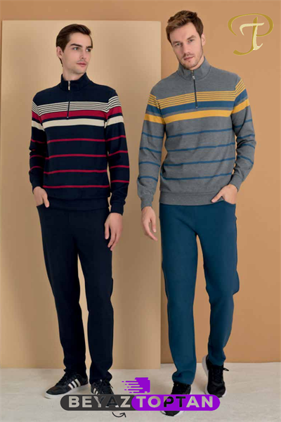 Polat Tekstil Önden Yarım Fermuarli Uzun Kol Erkek Pijama Takımı