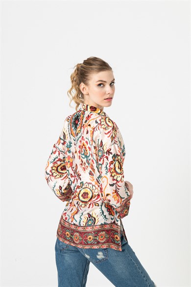Ekru Desenli Yandan Bağlamalı Kimono Saten Gömlek