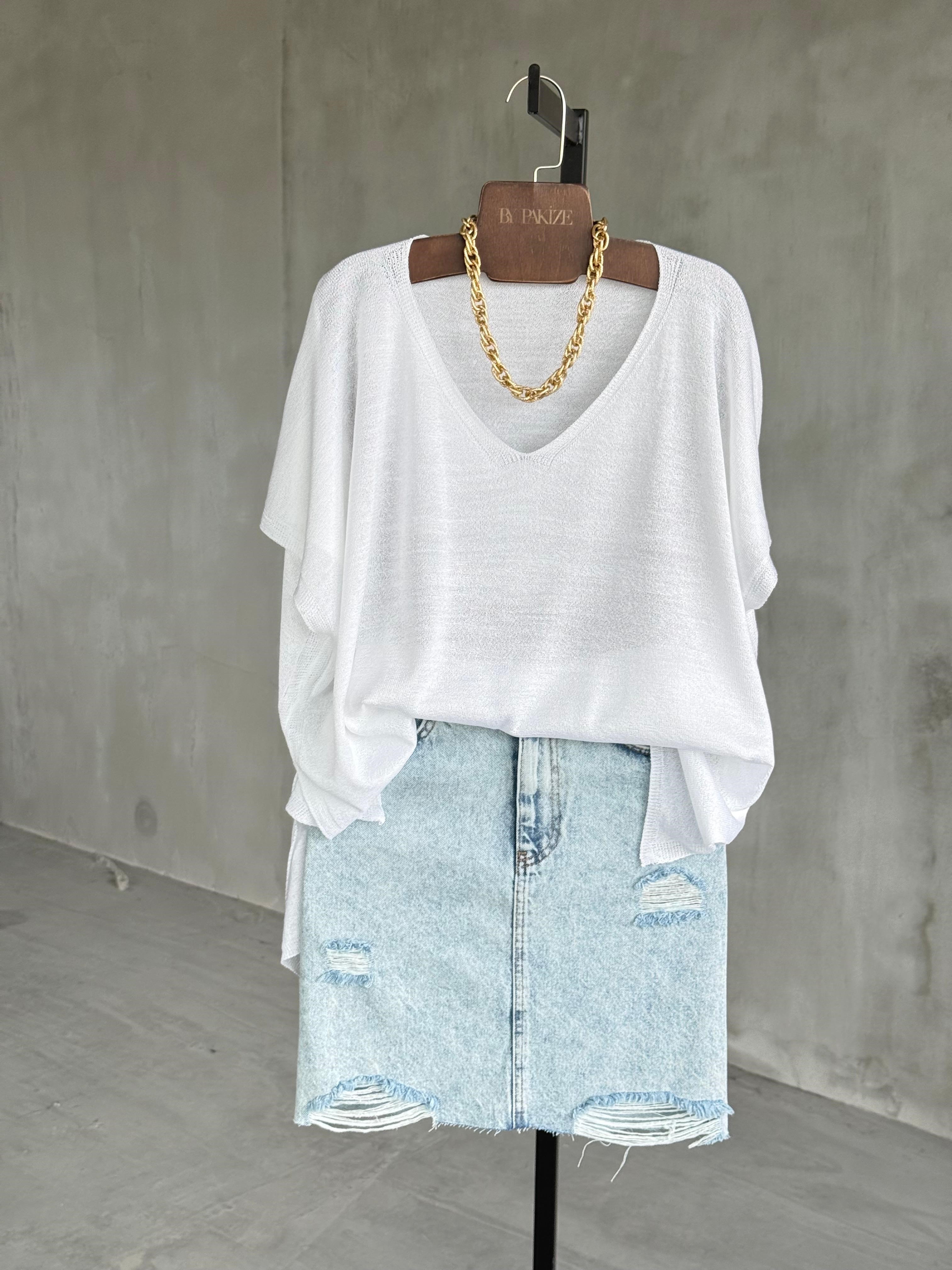 Basic Oversize Merserize Yan Yırtmaç Triko (Beyaz)