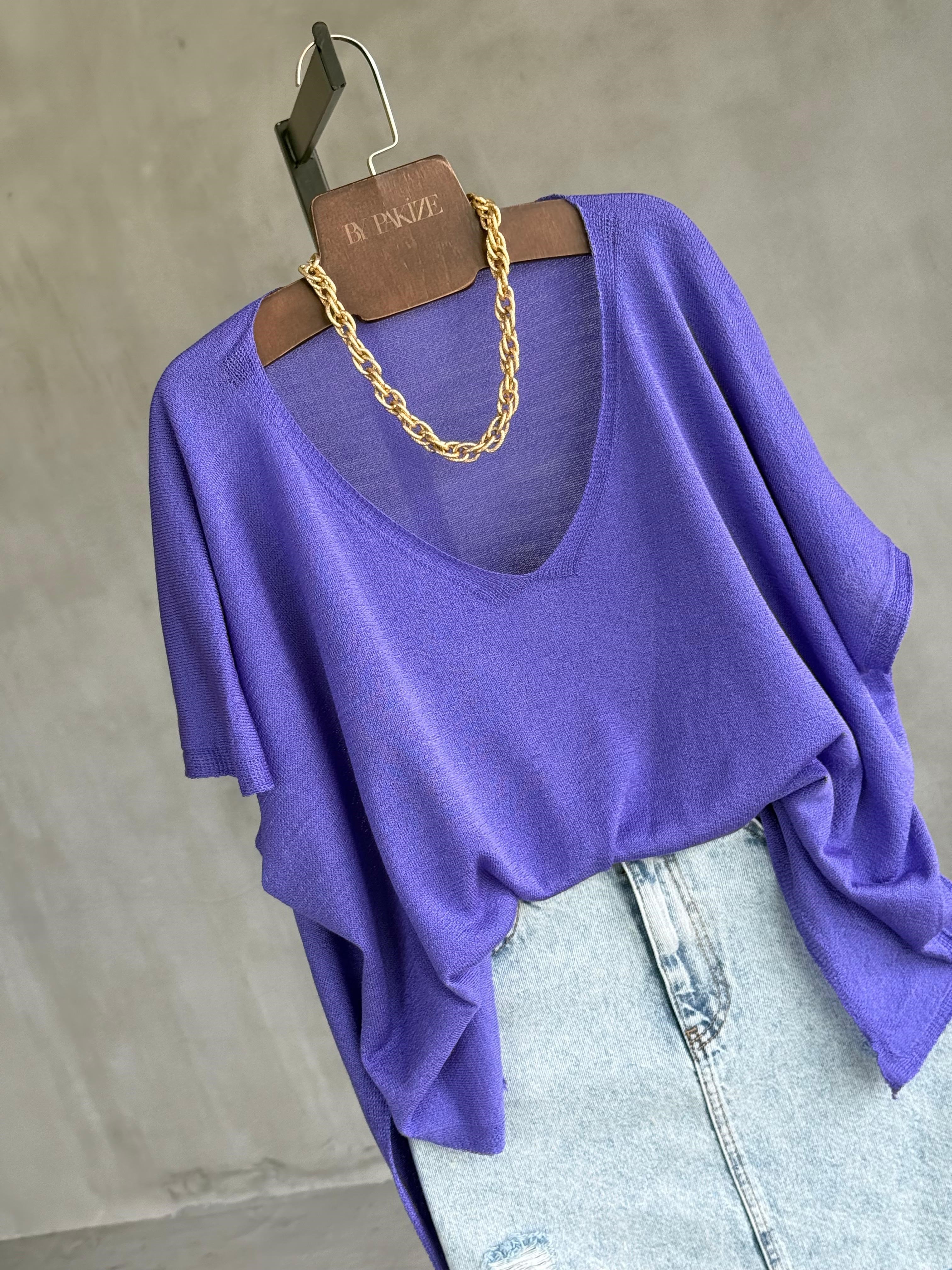 Basic Oversize Merserize Yan Yırtmaç Triko (Mor)