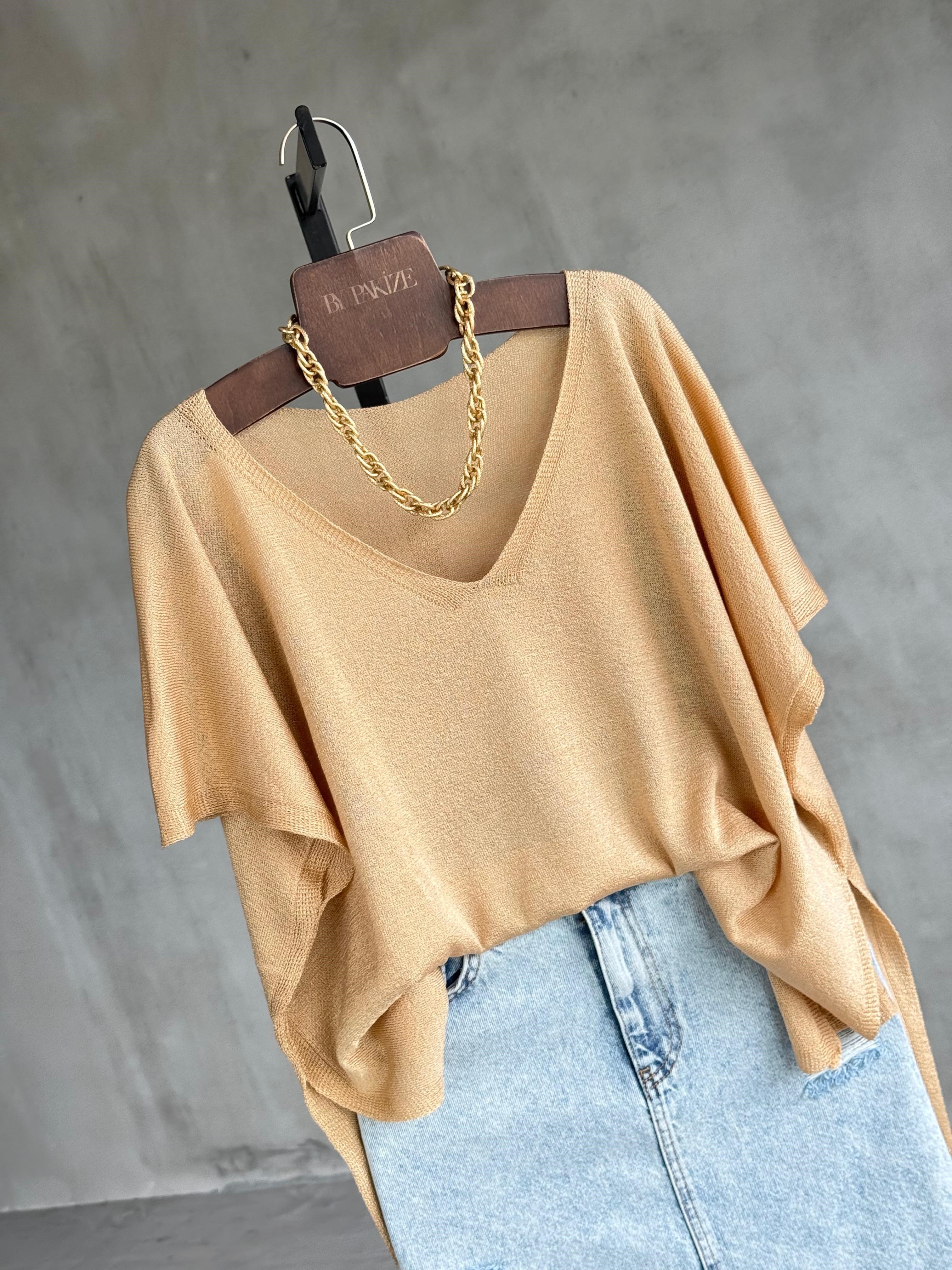 Basic Oversize Merserize Yan Yırtmaç Triko (Camel)
