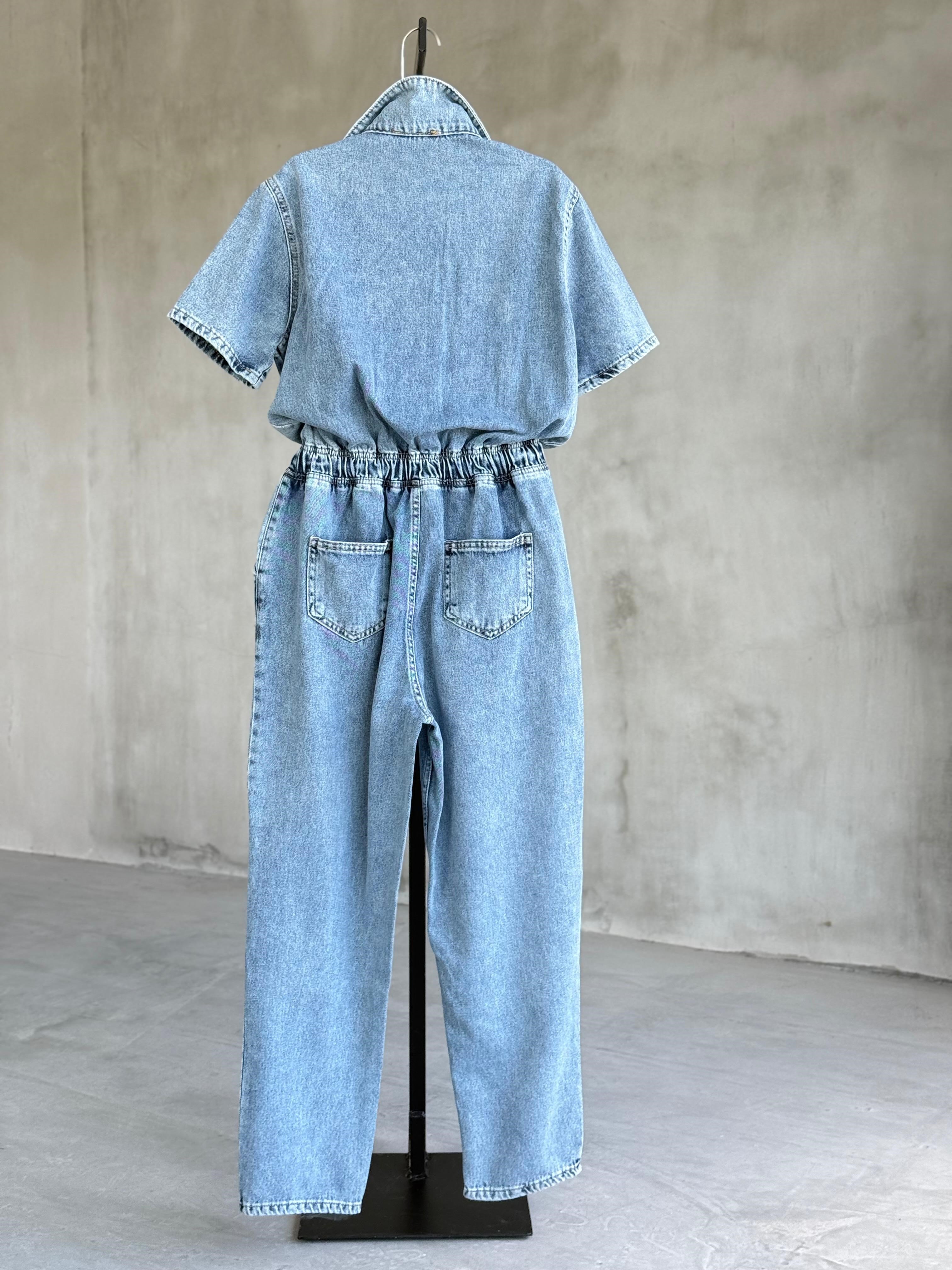 Bel Büzgülü Denim Tulum (Mavi)
