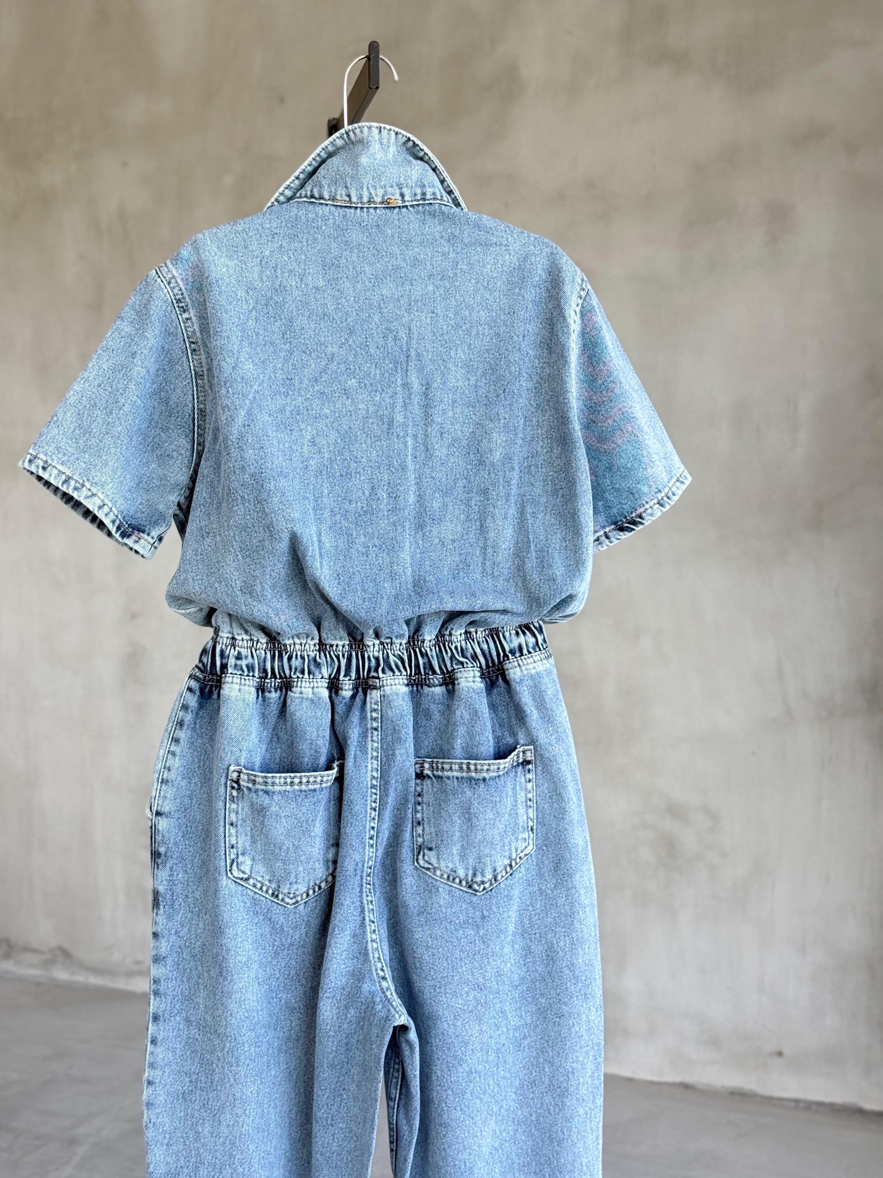 Bel Büzgülü Denim Tulum (Mavi)