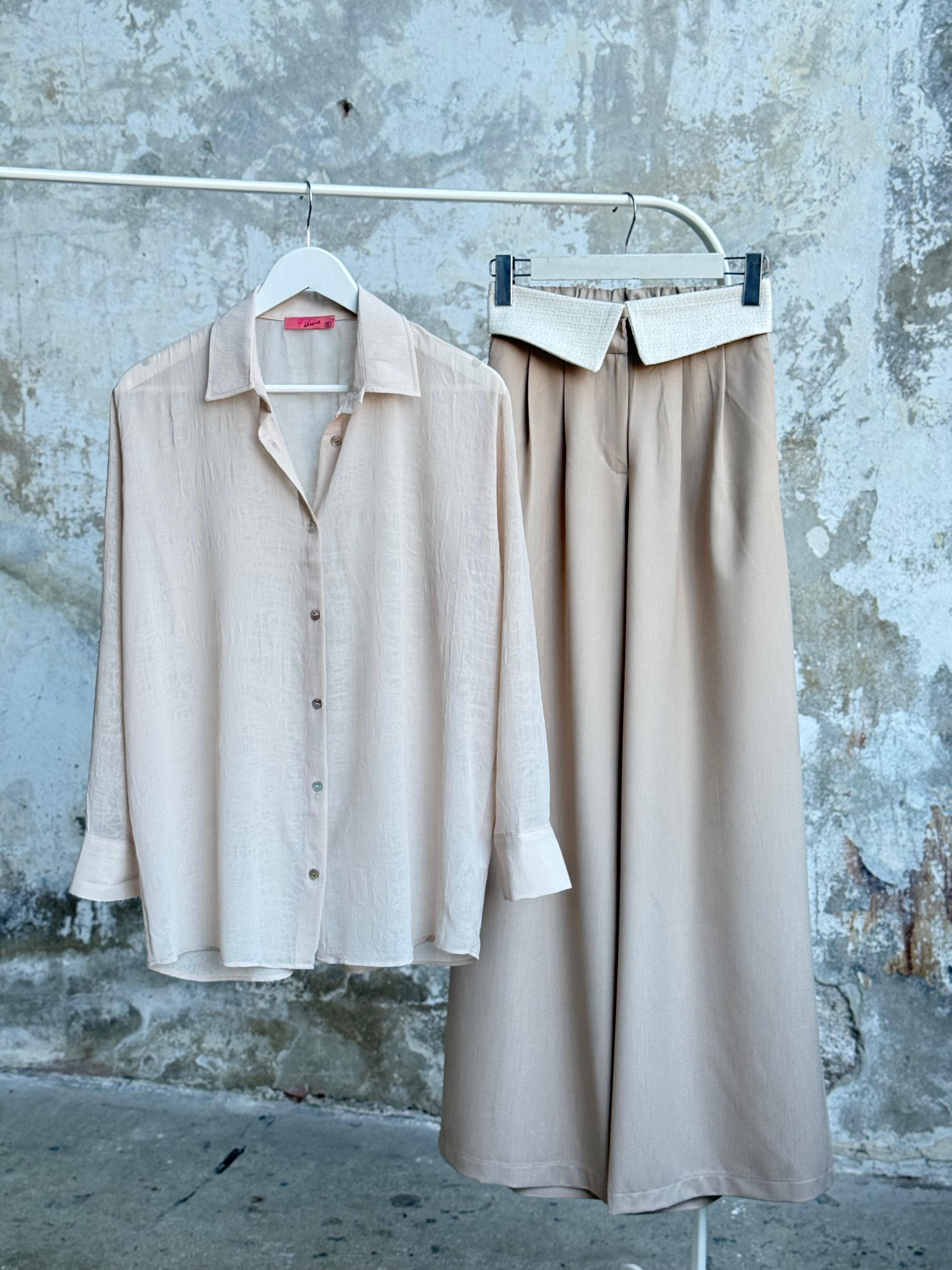 Beli Match Detaylı Bol Paça Pantolon (Bej)