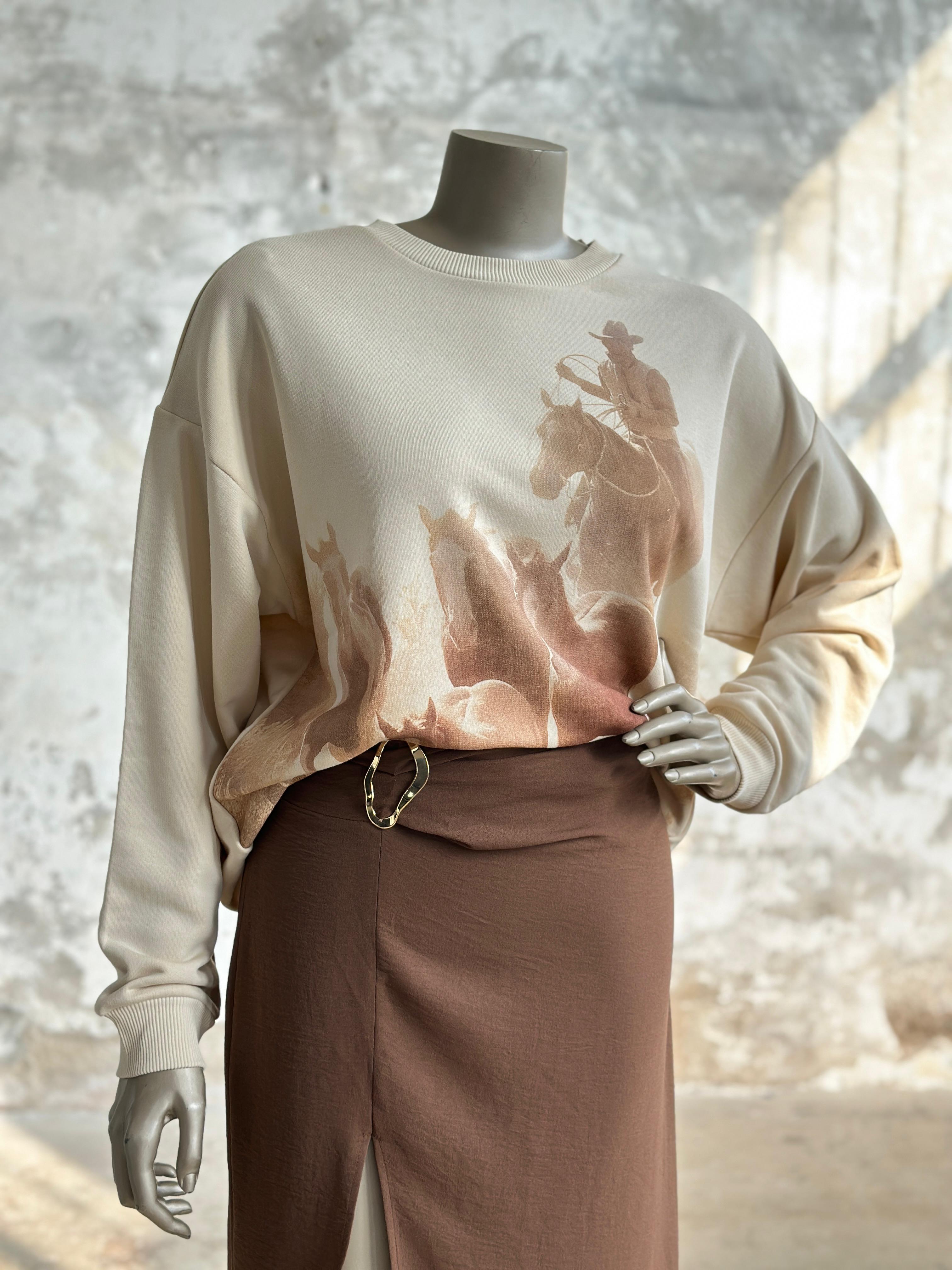Bisiklet Yaka At Baskılı Sweat (Bej)