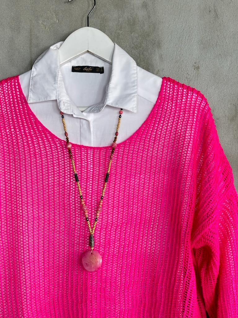 Boncuklu Ahşap Kolye (Pembe)