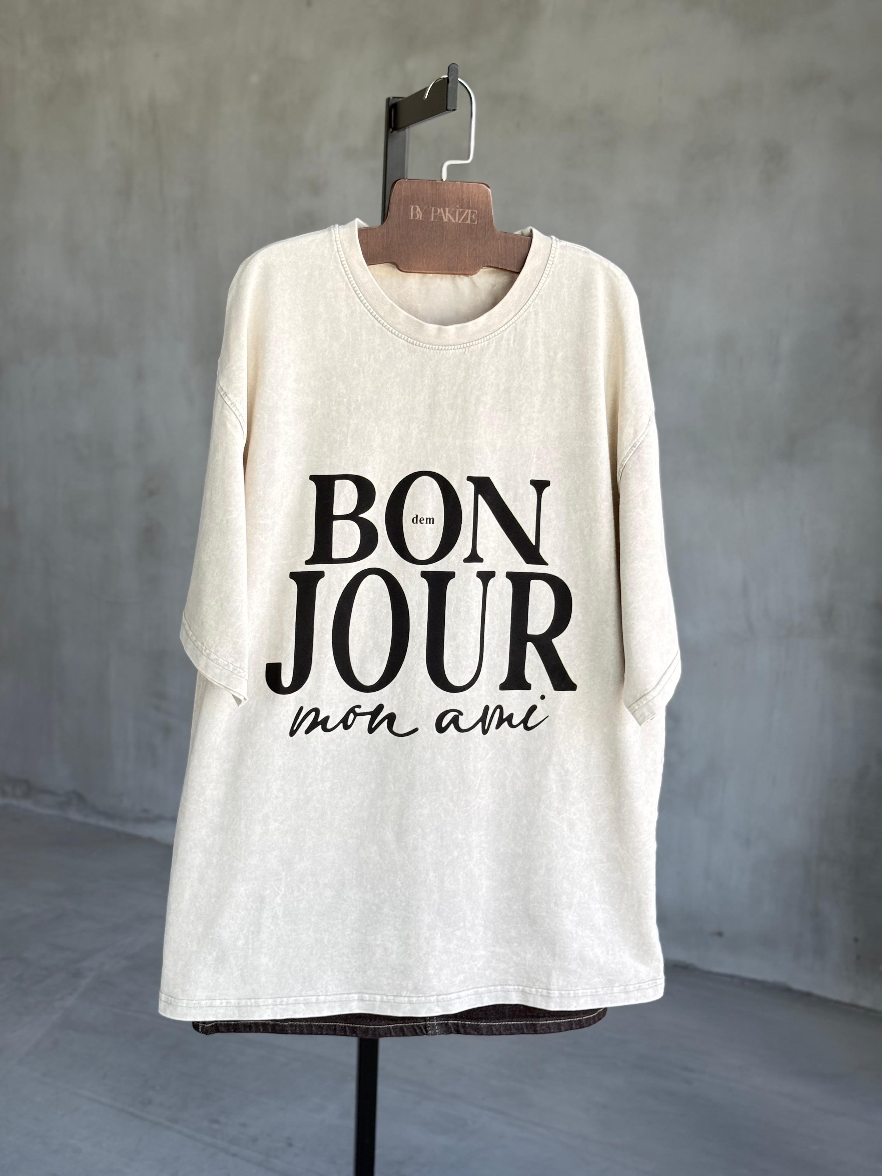 Bonjour Yazı Baskılı Taş Yıkamalı Oversize Dokuma Tişört (Taş)