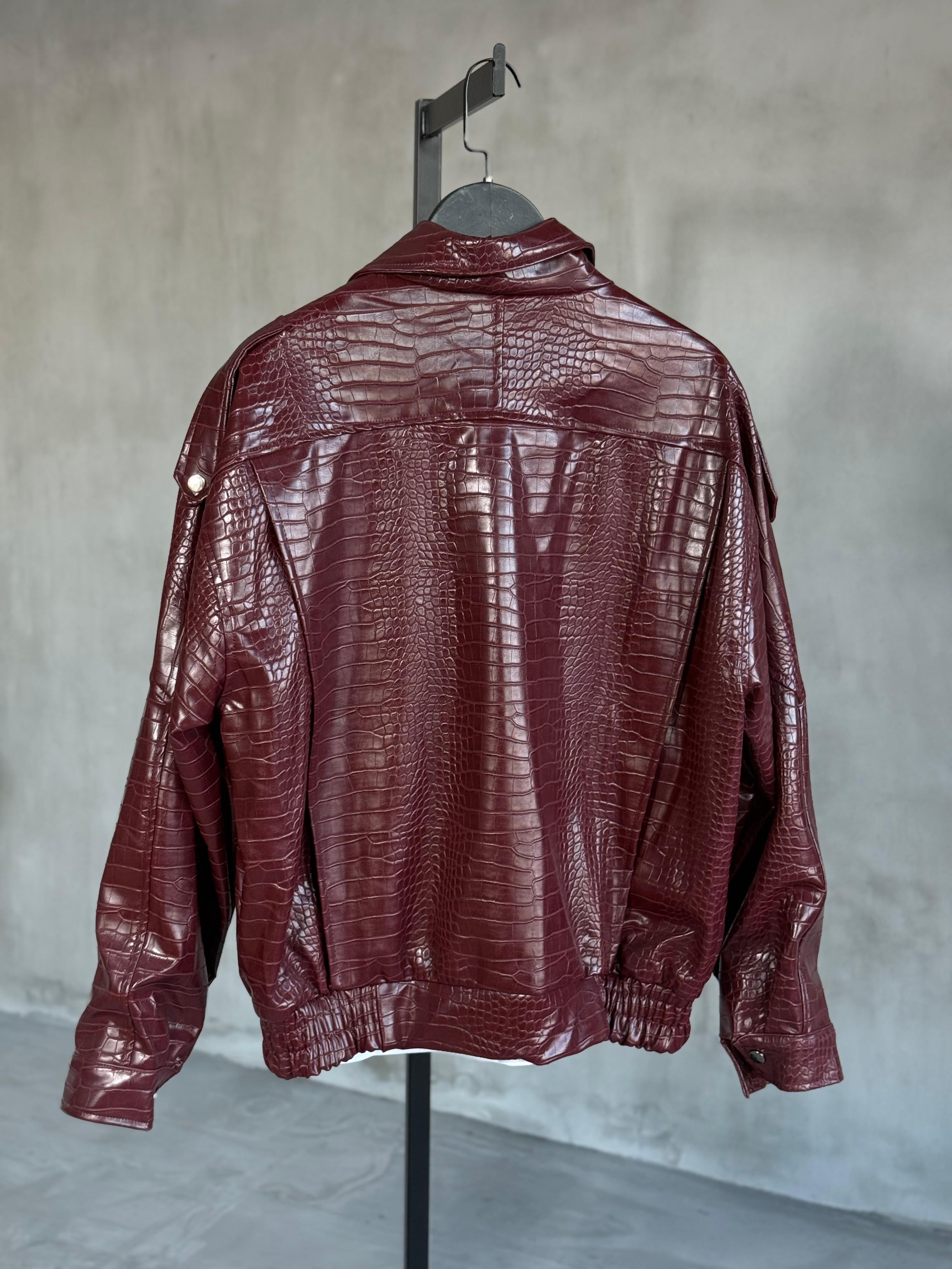 Bordo Krokodil Dik Yaka Deri Ceket (Bordo)
