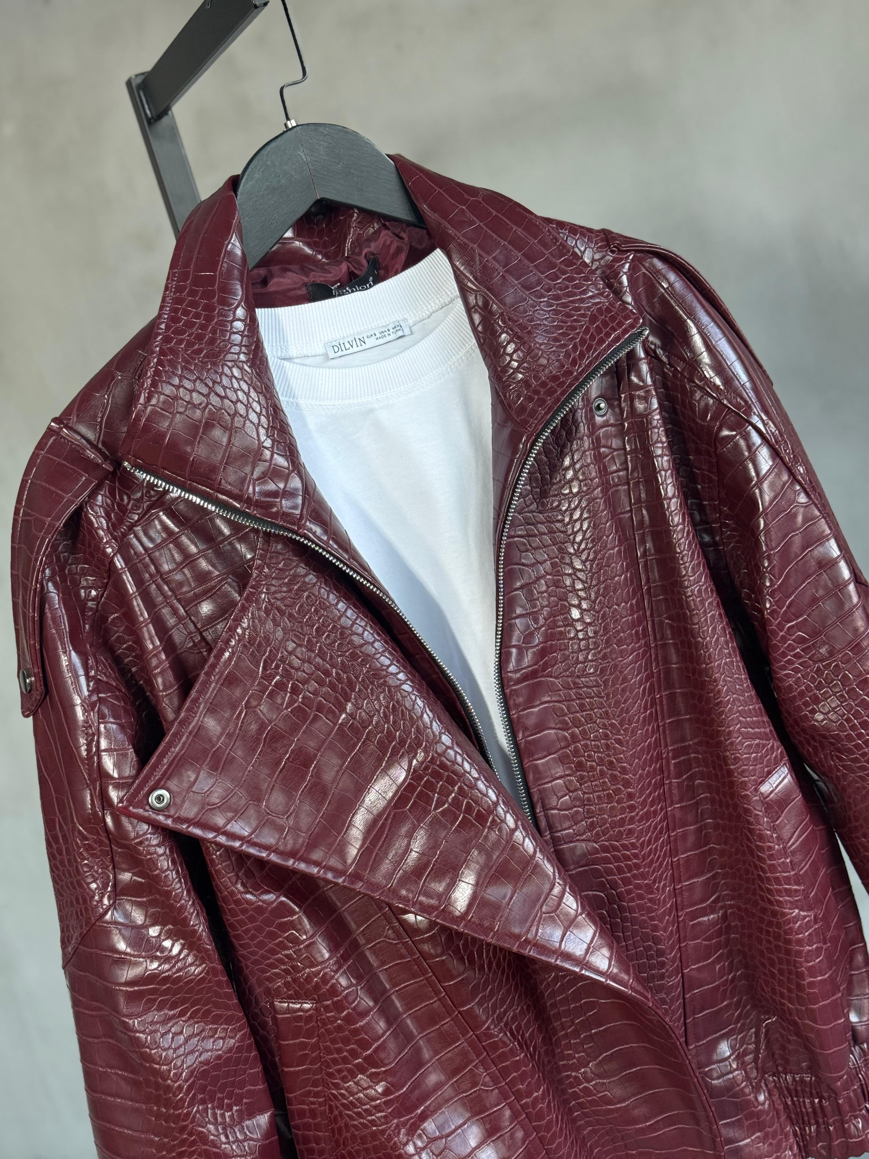 Bordo Krokodil Dik Yaka Deri Ceket (Bordo)