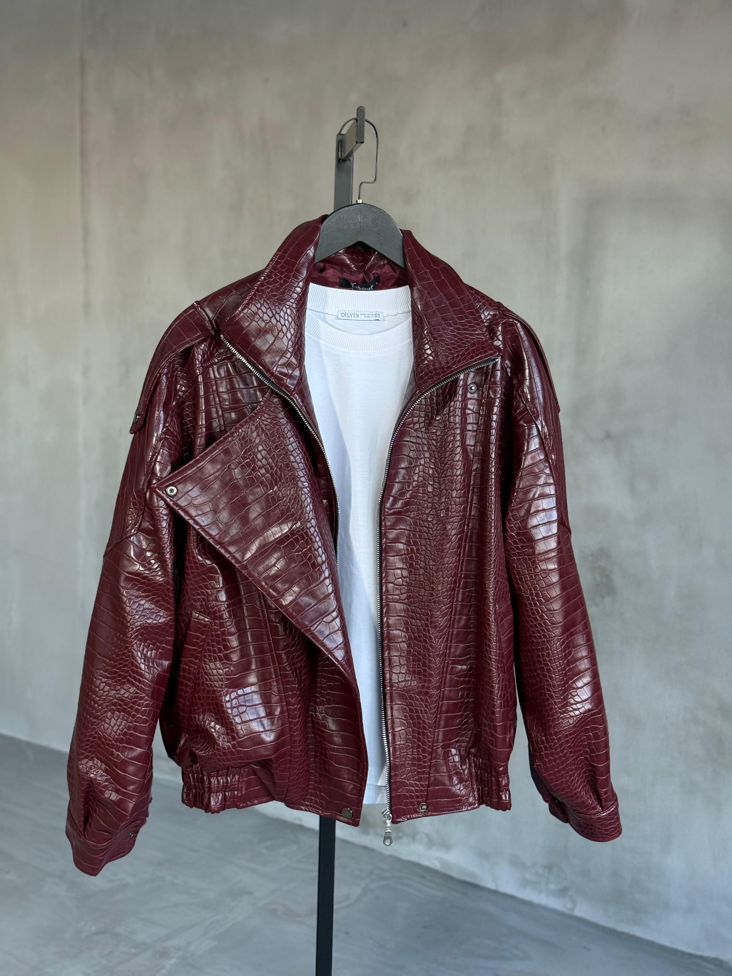 Bordo Krokodil Dik Yaka Deri Ceket (Bordo)