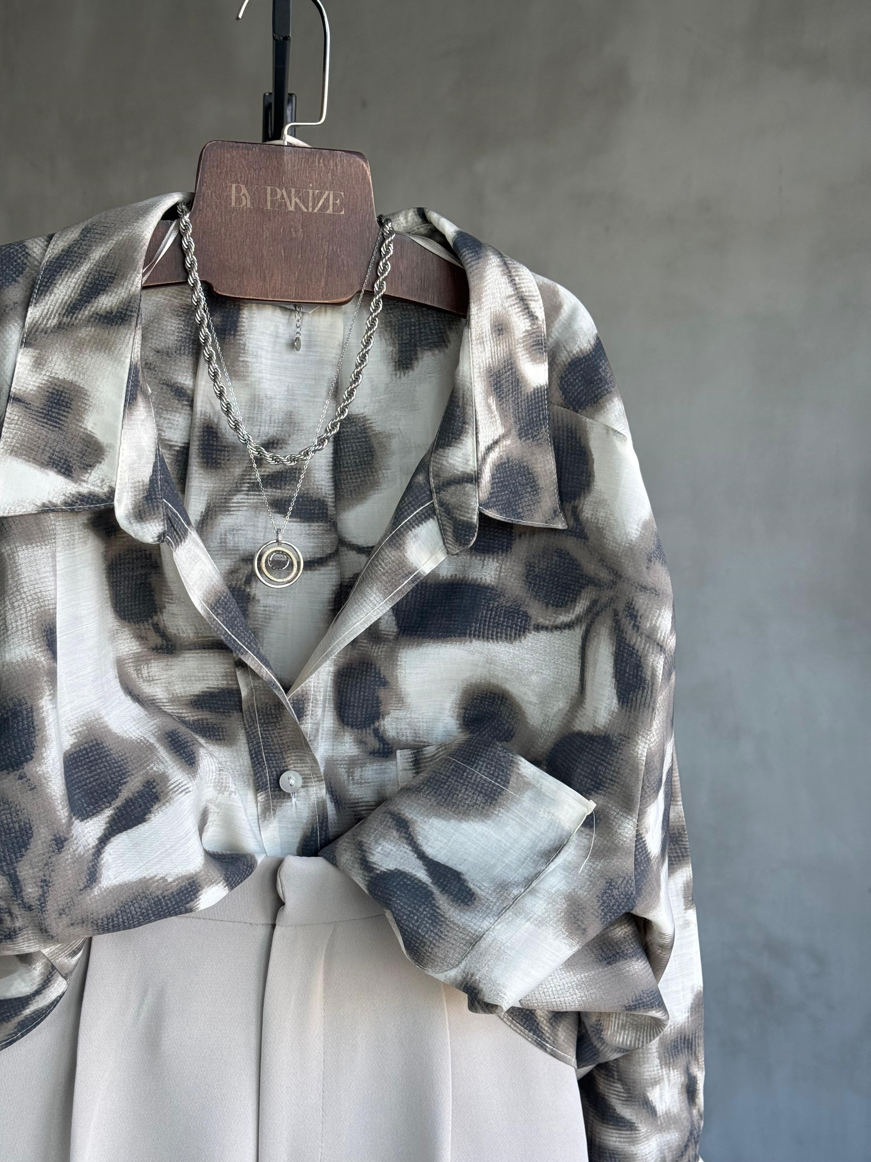 Modern Floral Desen Premıum Tensel Gömlek(Vizon)