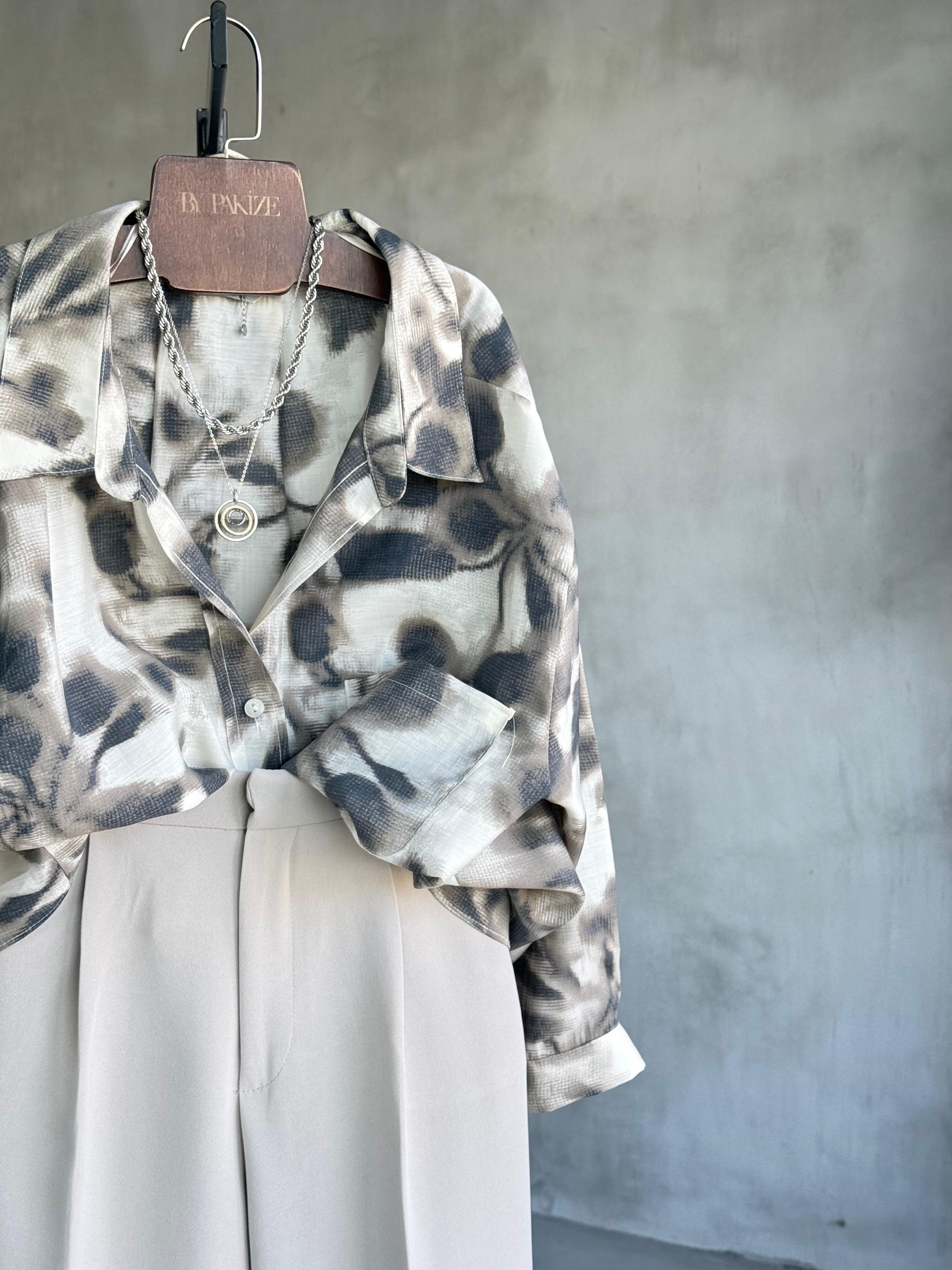 Modern Floral Desen Premıum Tensel Gömlek(Vizon)