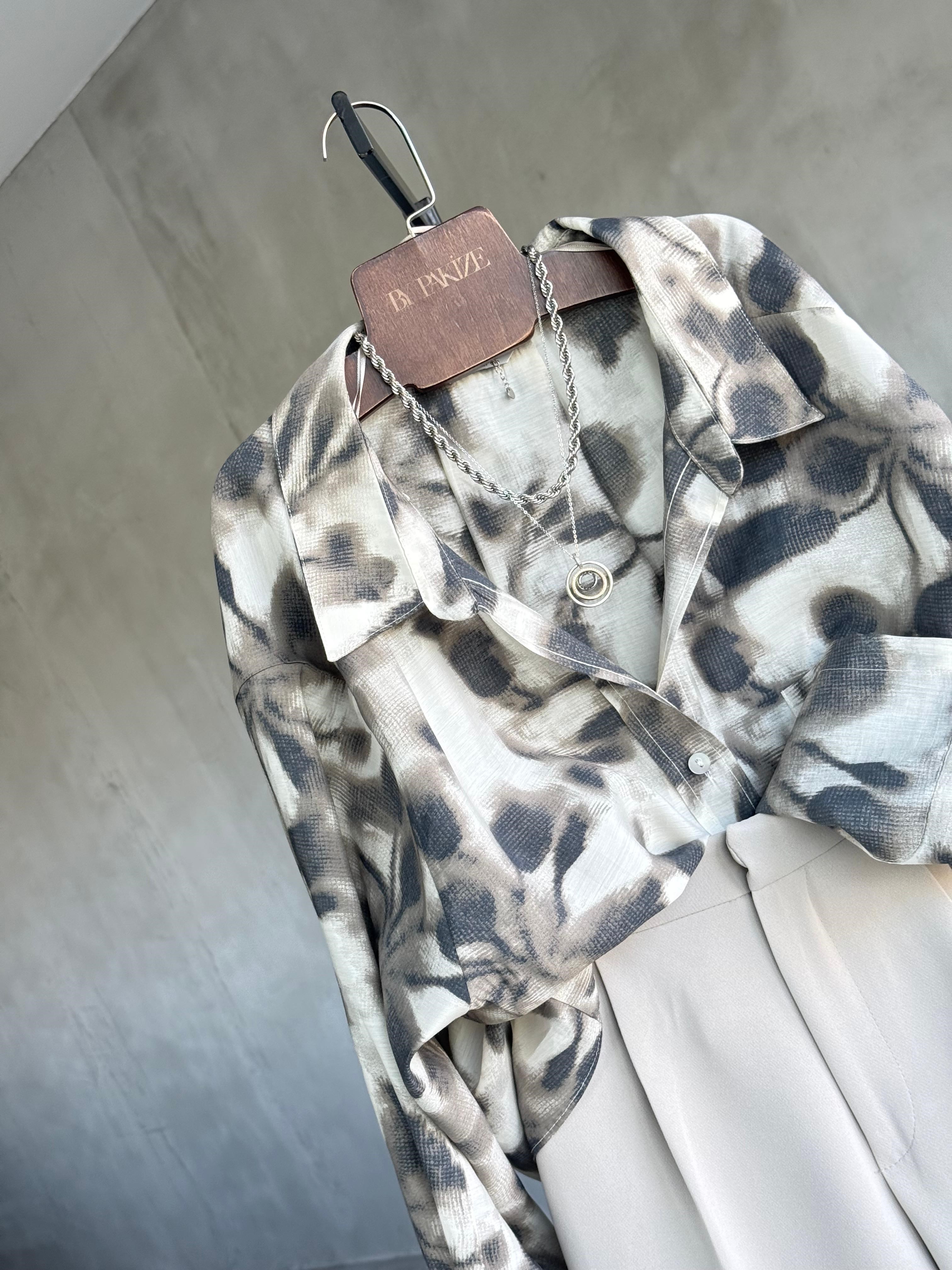 Modern Floral Desen Premıum Tensel Gömlek(Vizon)