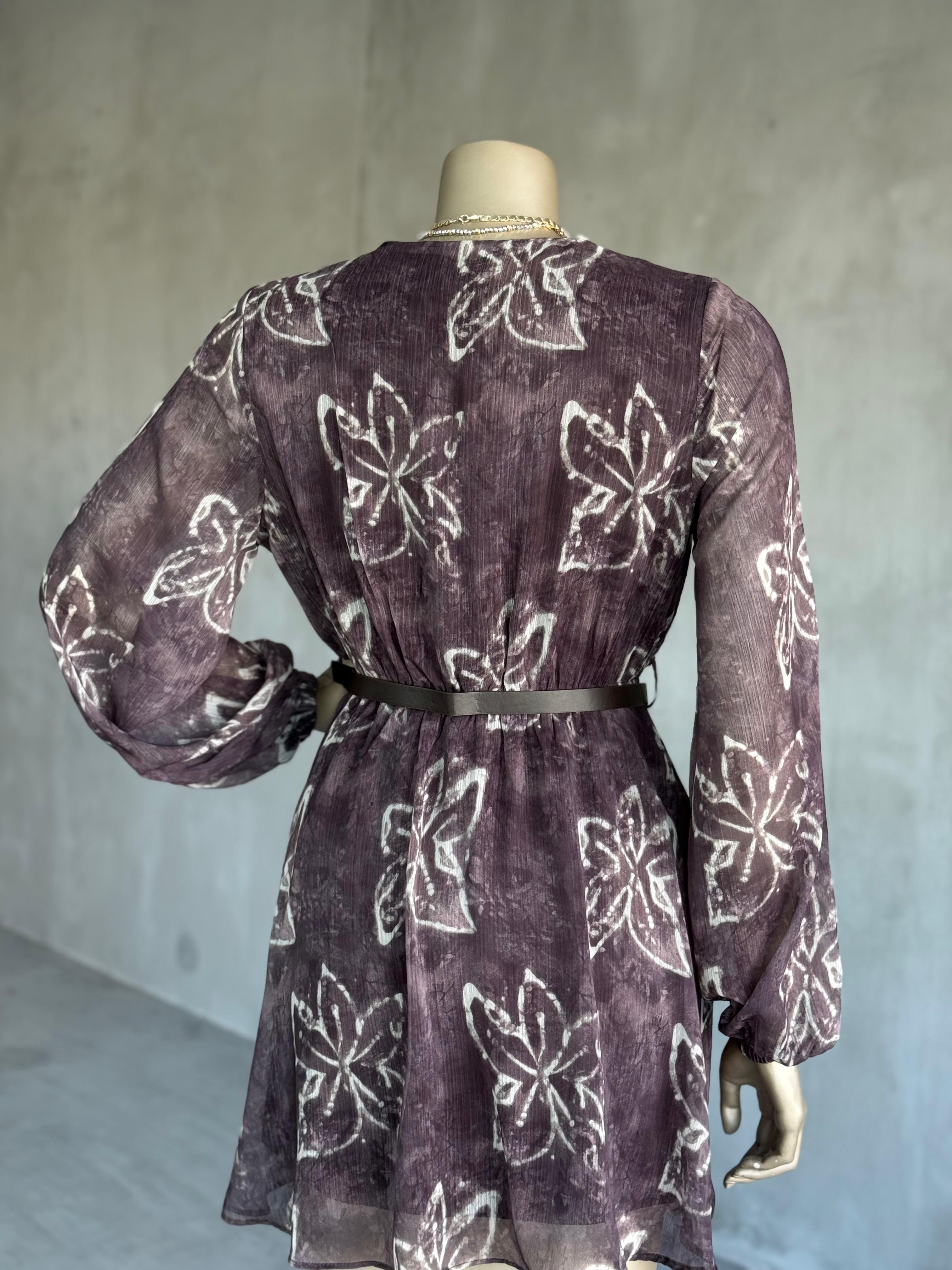 Çiçekli Şifon Mini Elbise (Kahve)