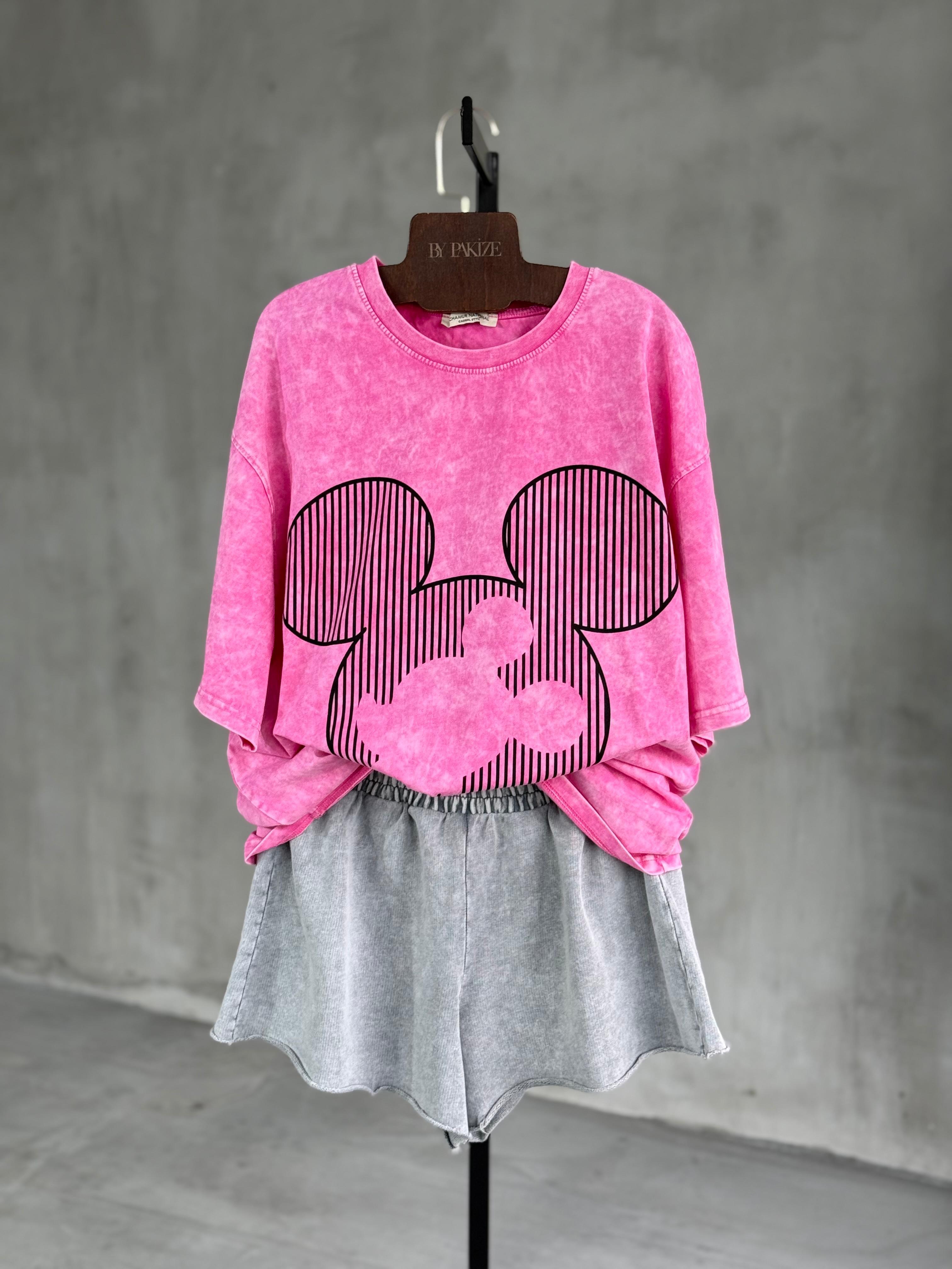 Çizgili Mickey Baskılı Taş Yıkama Oversize Dokuma Tişört (Pembe)