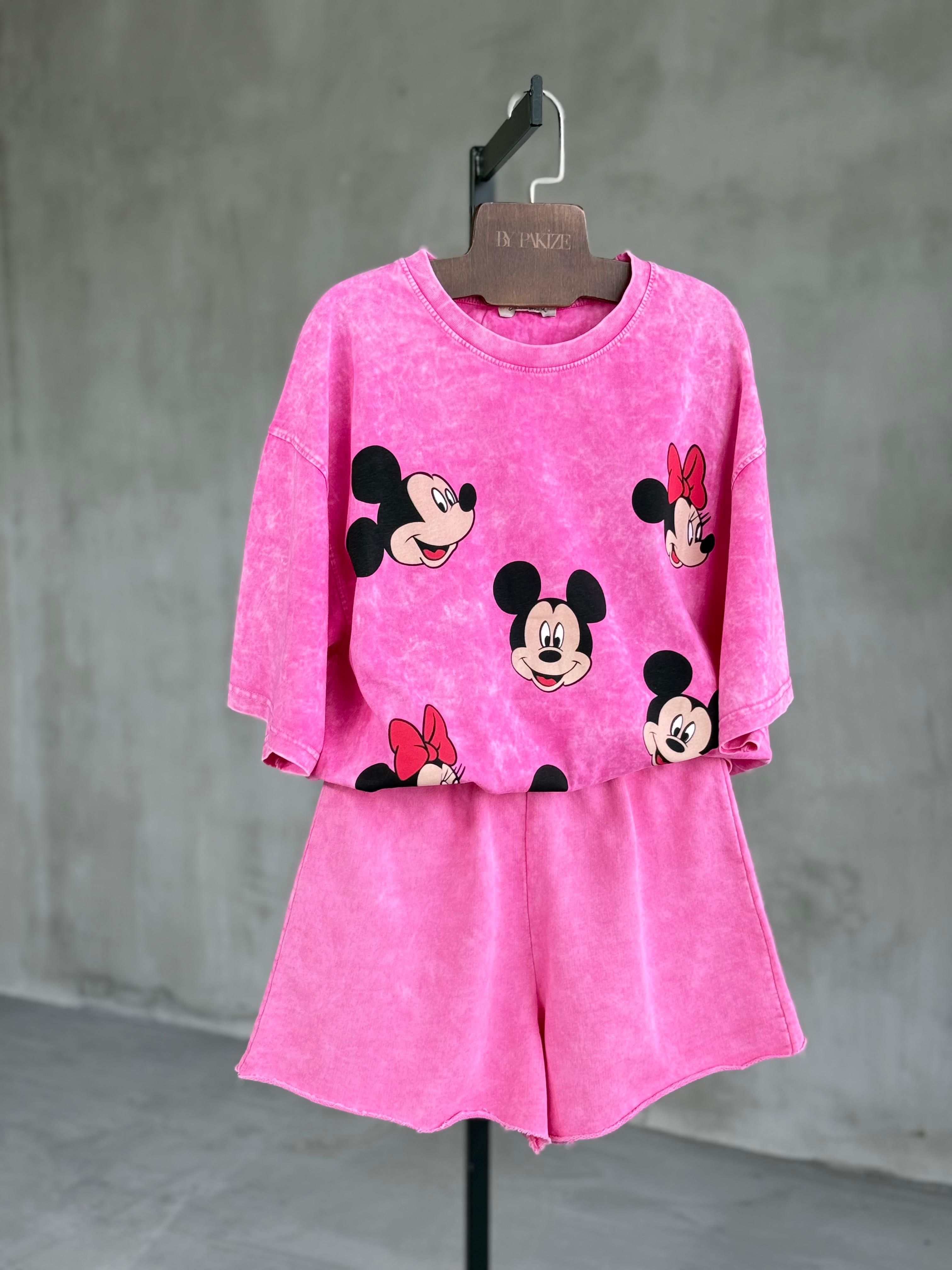Çoklu Mickey Baskılı Taş Yıkama Oversize Dokuma Tişört (Pembe)