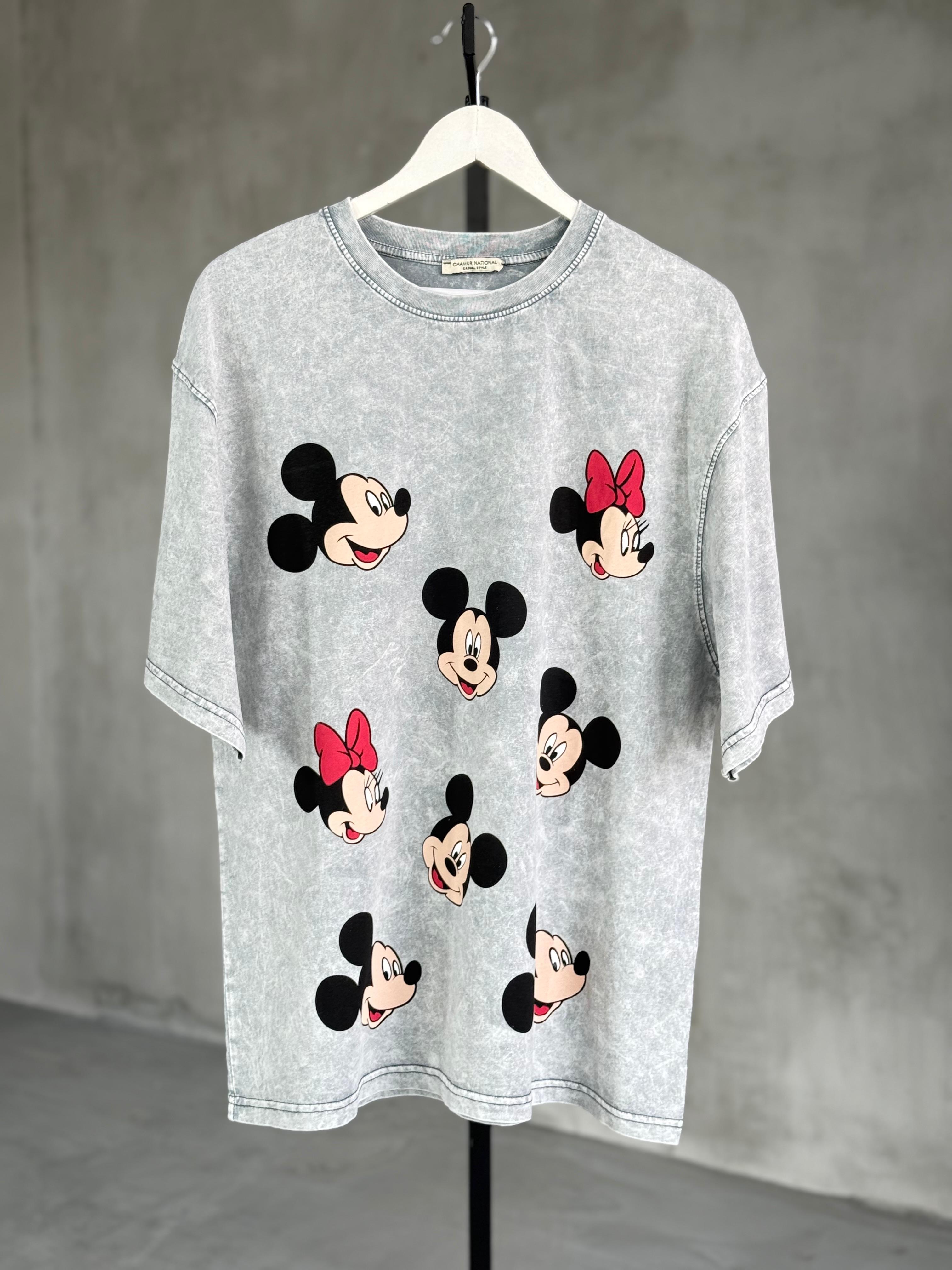 Çoklu Mickey Baskılı Taş Yıkama Oversize Dokuma Tişört (Gri)