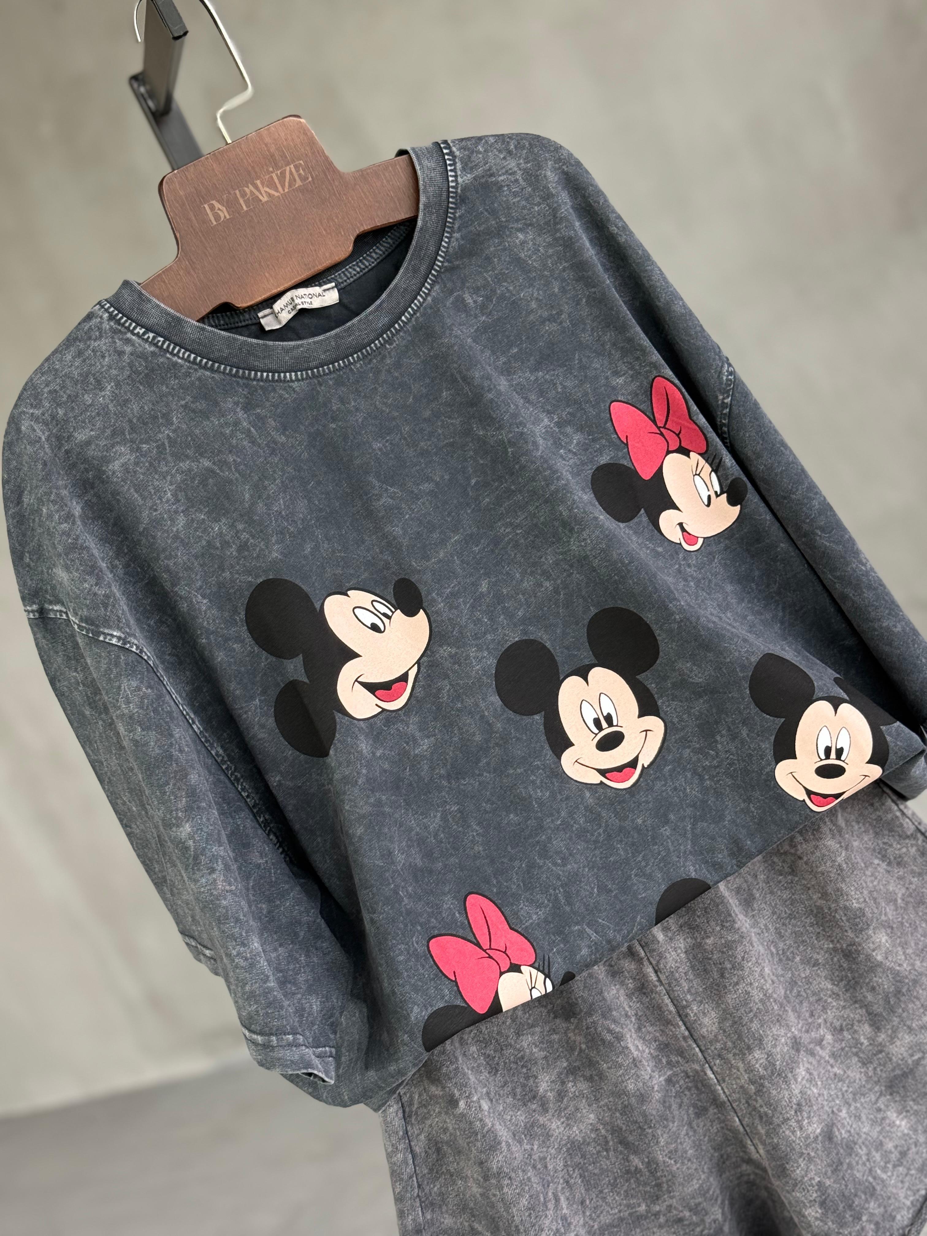 Çoklu Mickey Baskılı Taş Yıkama Oversize Dokuma Tişört (Antrasit)