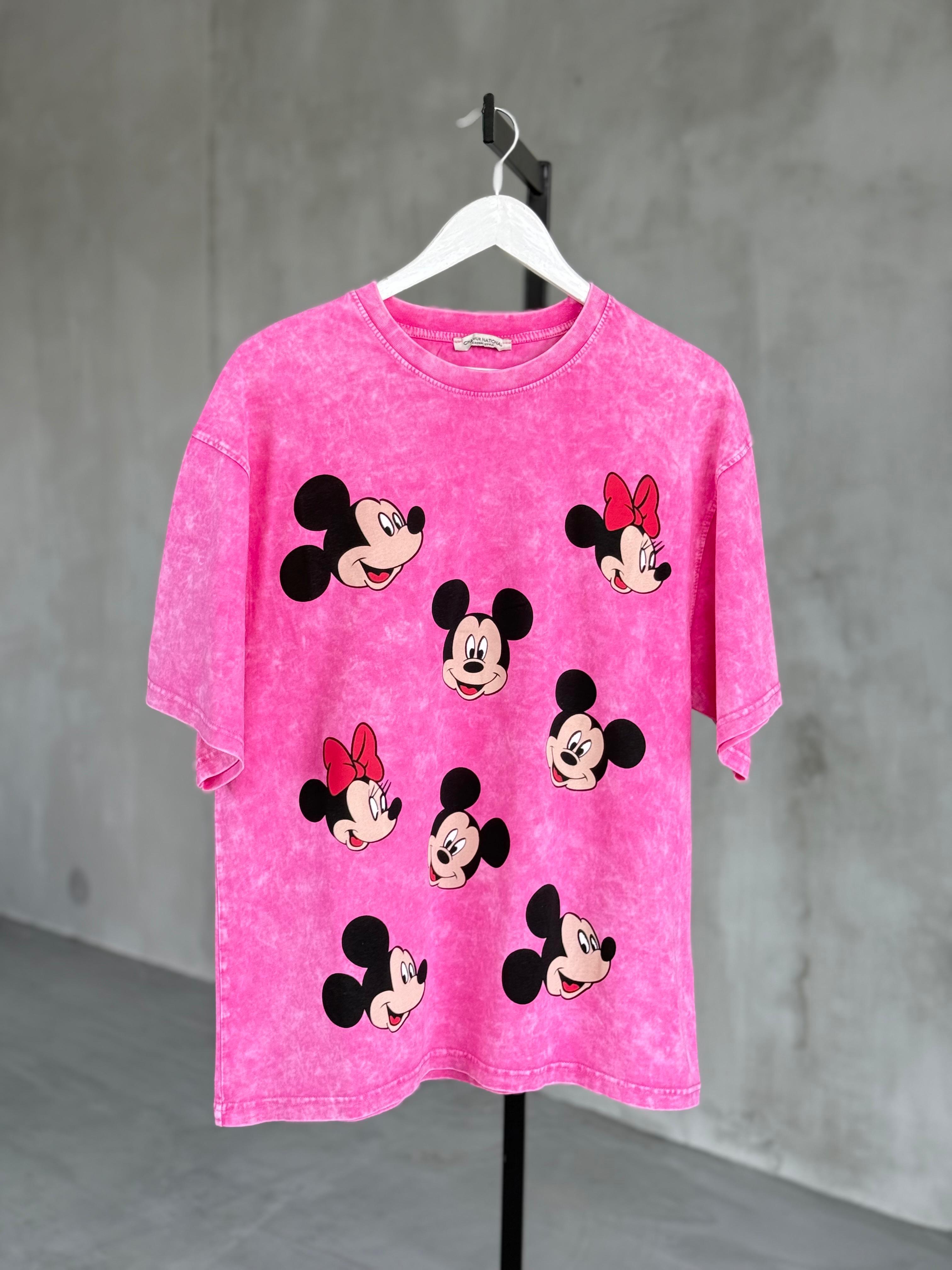 Çoklu Mickey Baskılı Taş Yıkama Oversize Dokuma Tişört (Pembe)