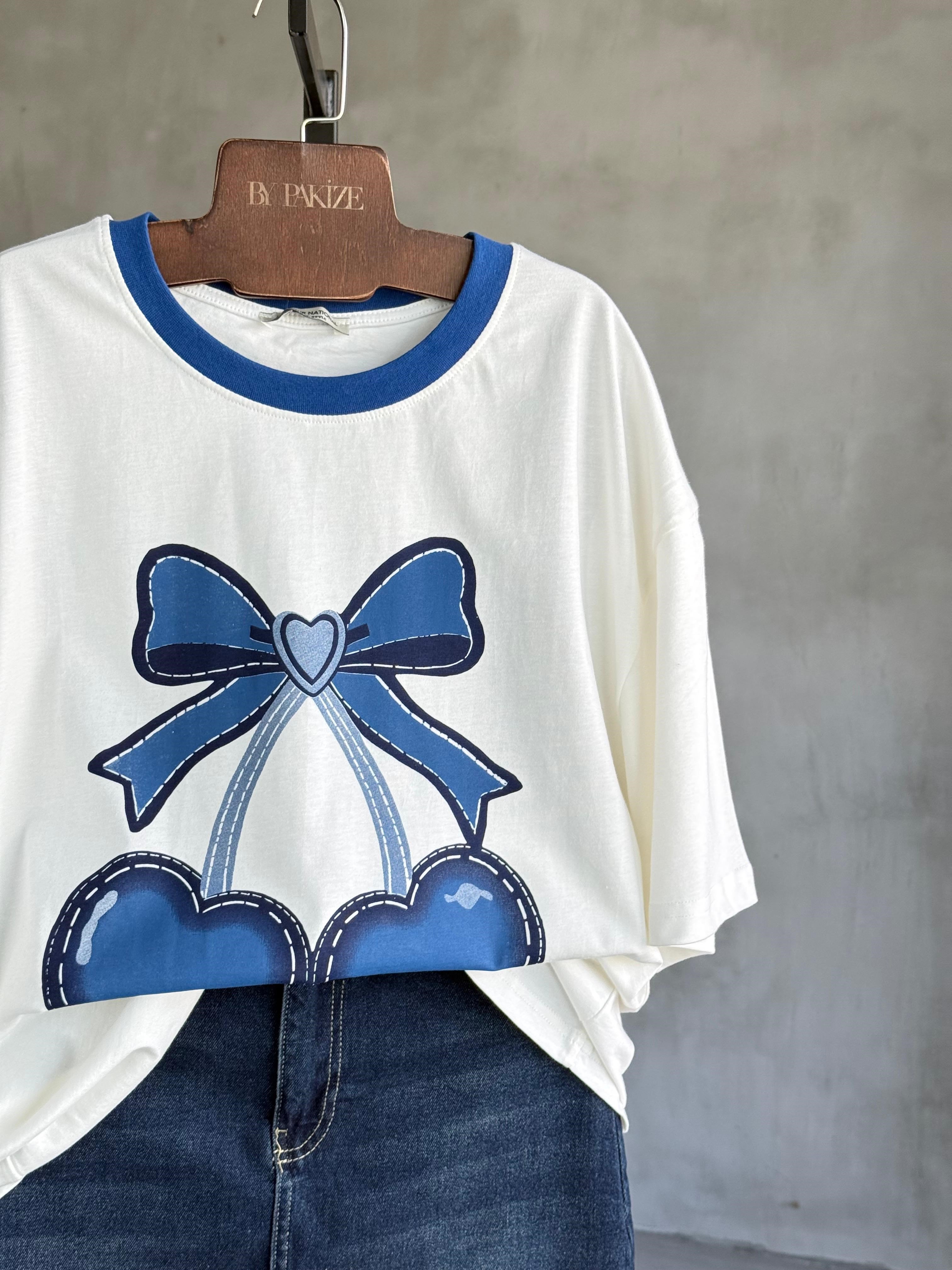 Denim Görünüm Kiraz Baskılı Oversize Tişört (Beyaz)