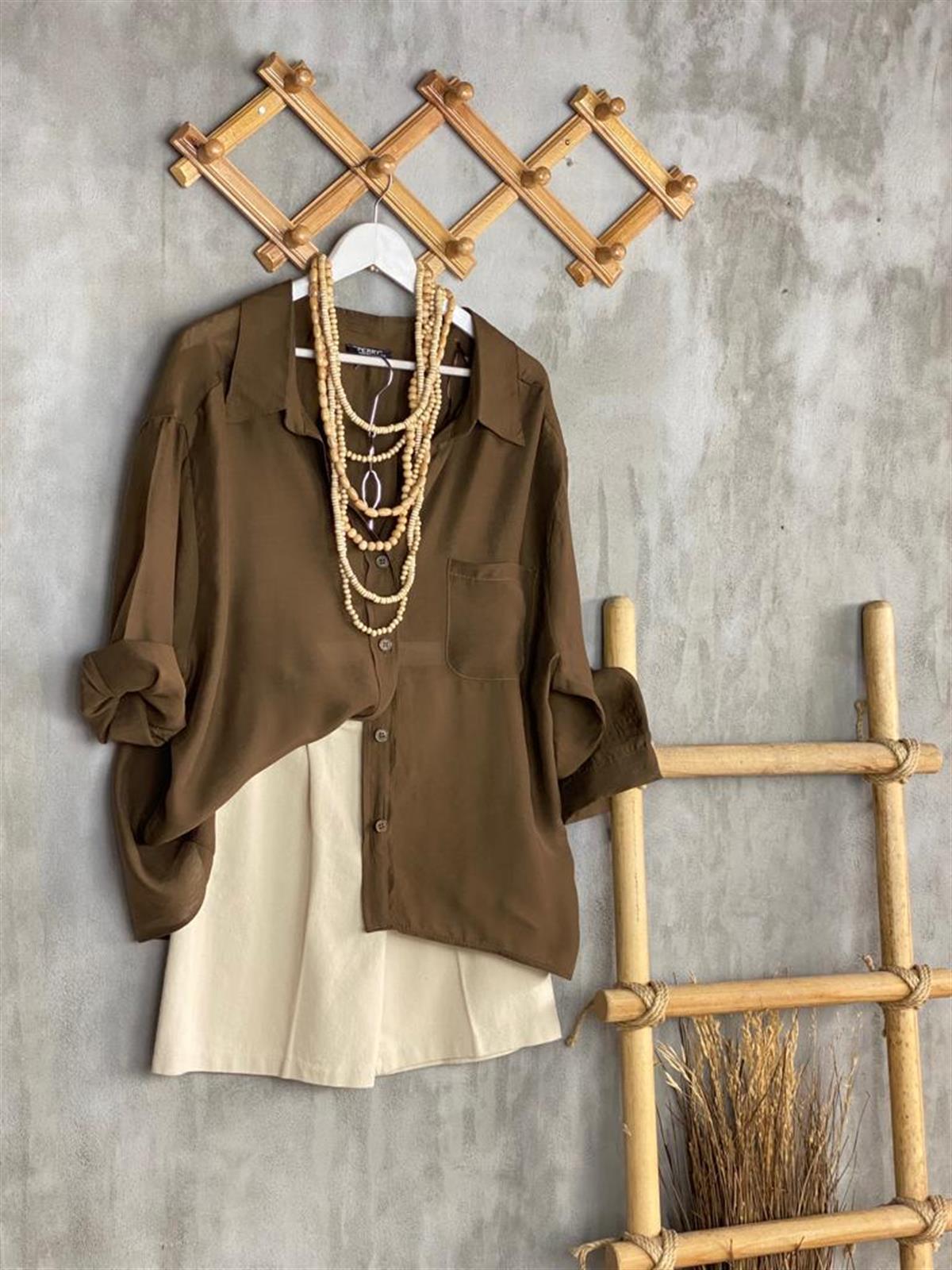 Düşük Omuzlu Oversize Gömlek (Kahve)