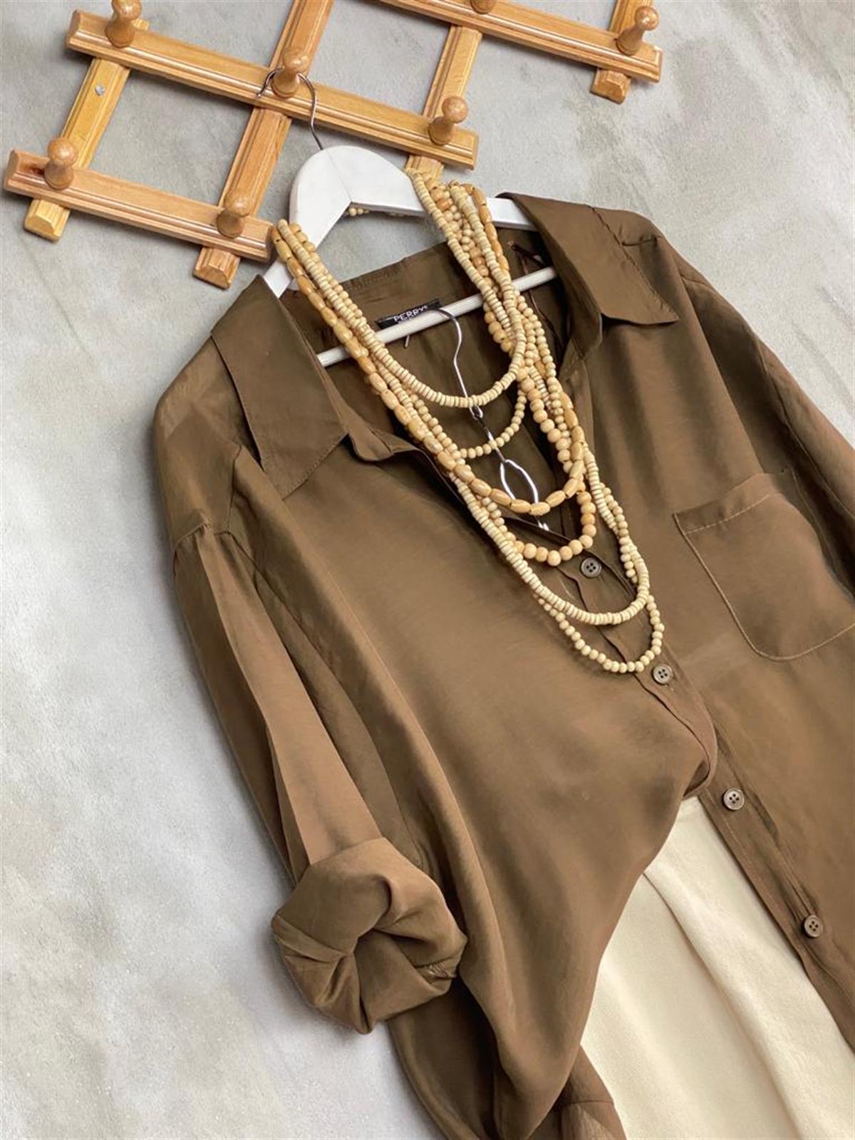 Düşük Omuzlu Oversize Gömlek (Kahve)