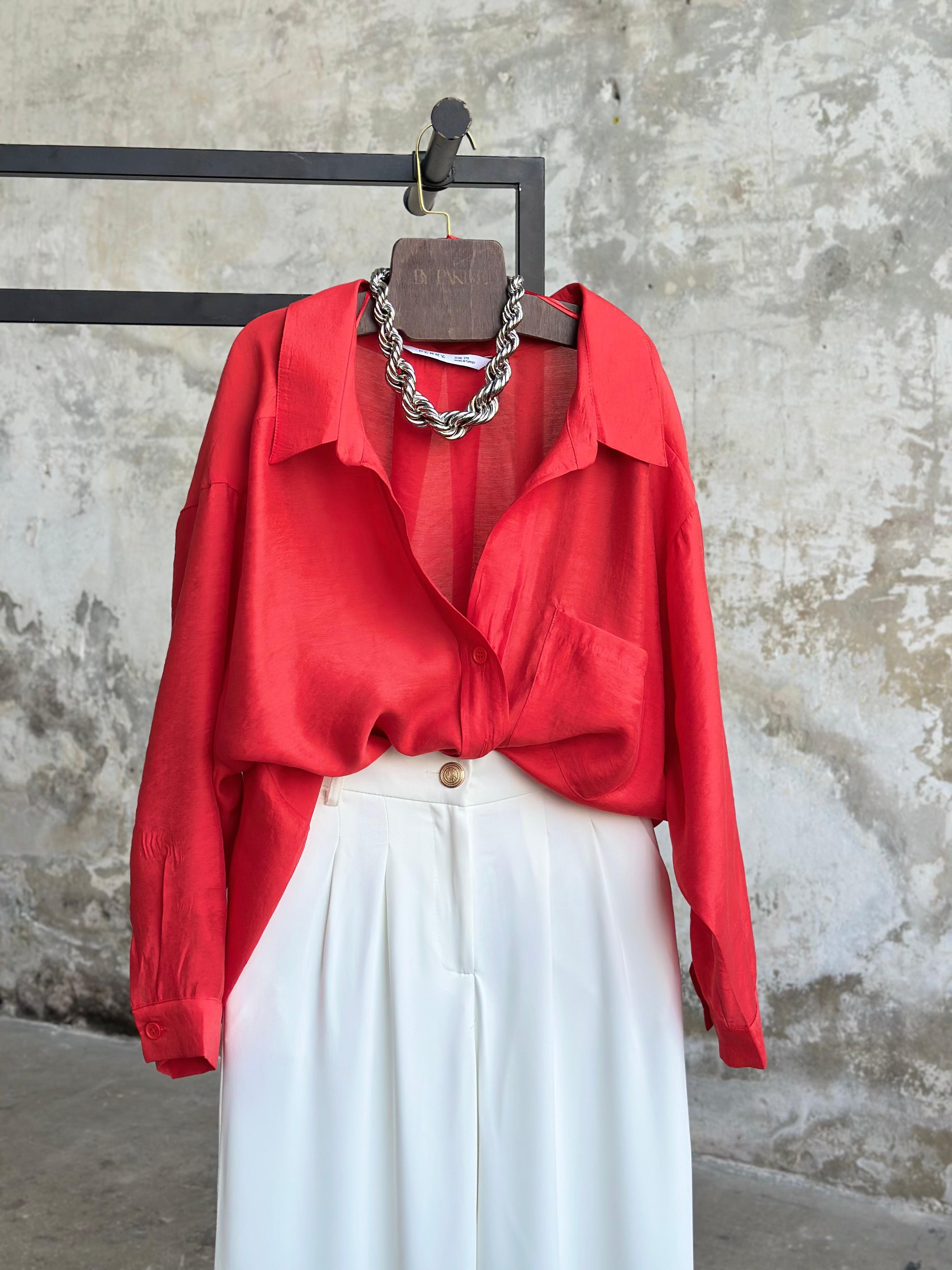 Düşük Omuzlu Oversize Gömlek (Kırmızı)