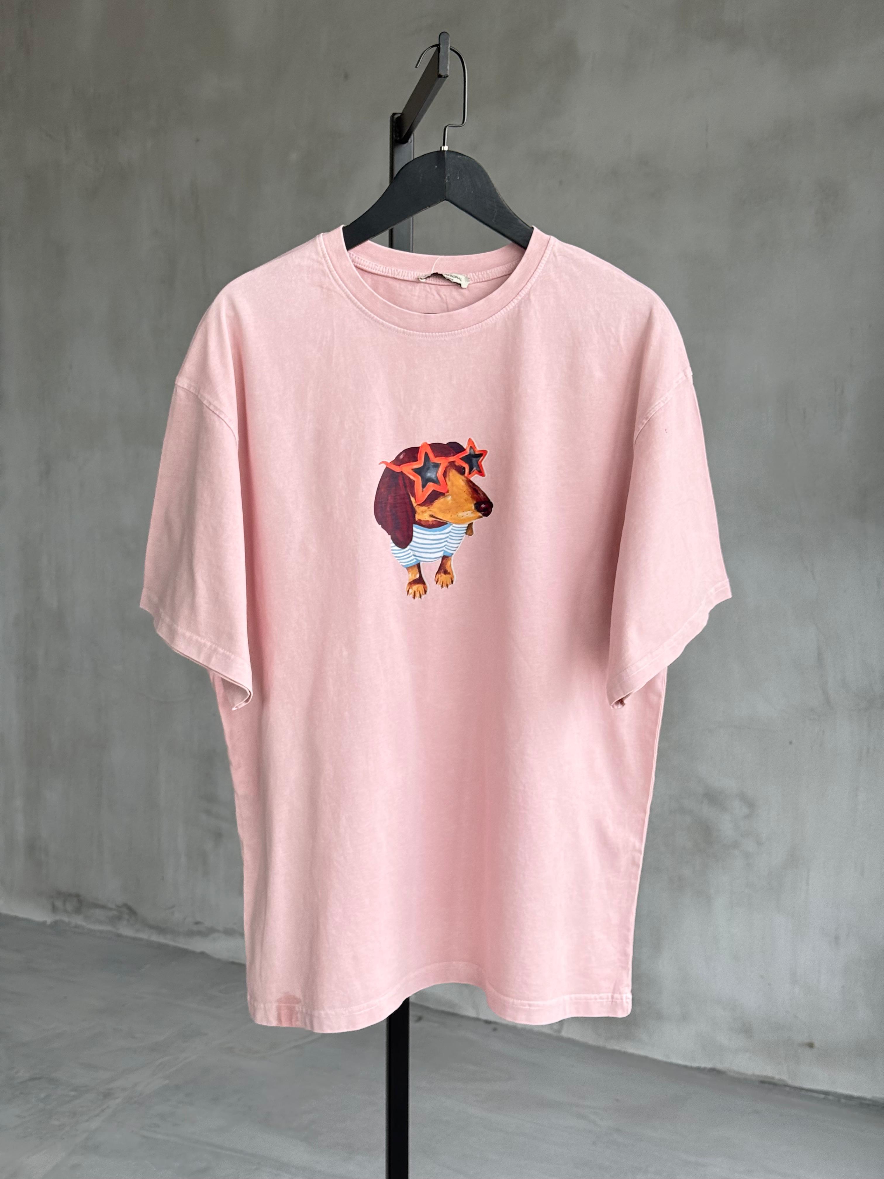 Gözlüklü köpek Baskılı Taş Yıkamalı Oversize Dokuma Tişört (Pudra)