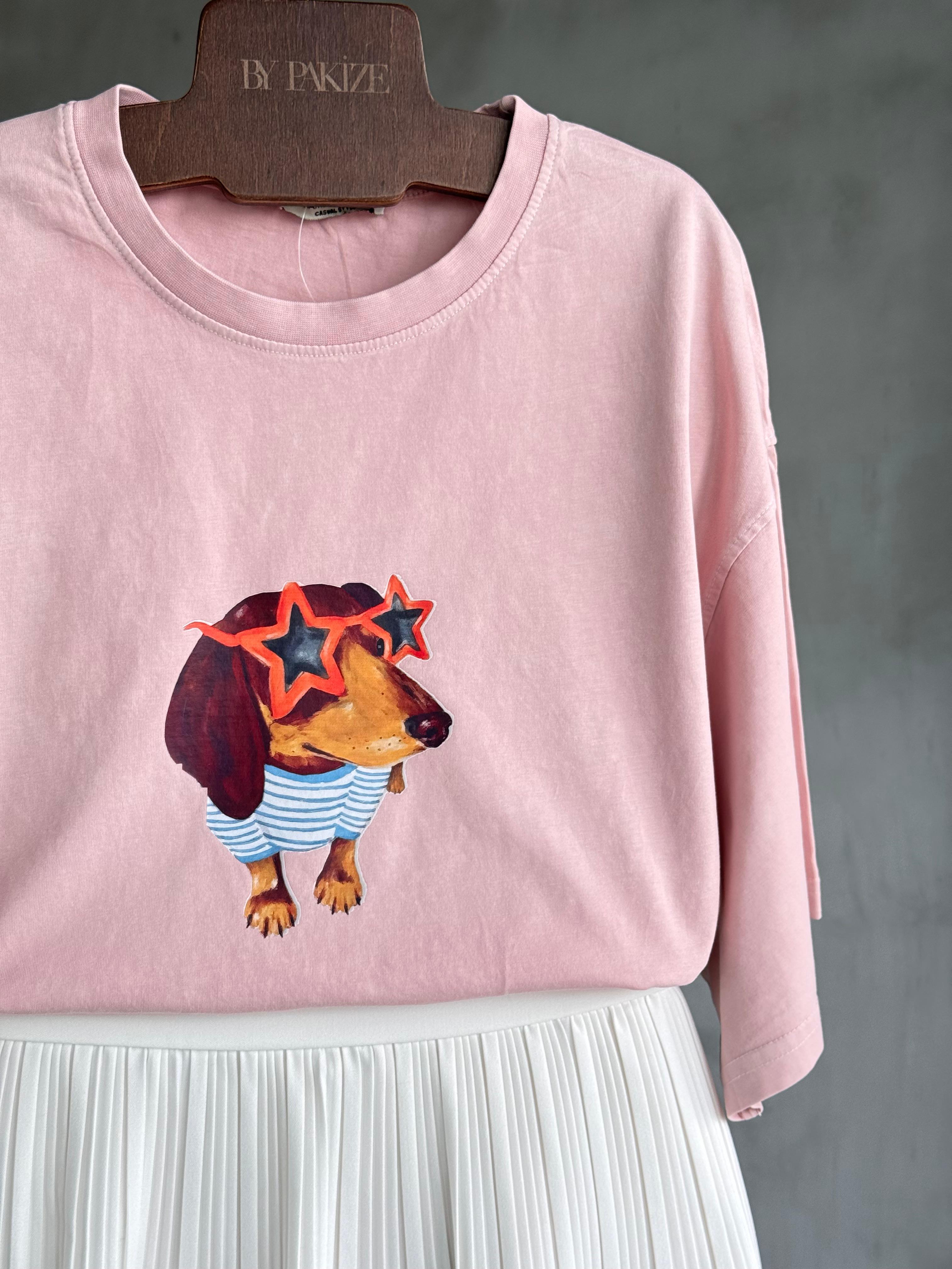 Gözlüklü köpek Baskılı Taş Yıkamalı Oversize Dokuma Tişört (Pudra)