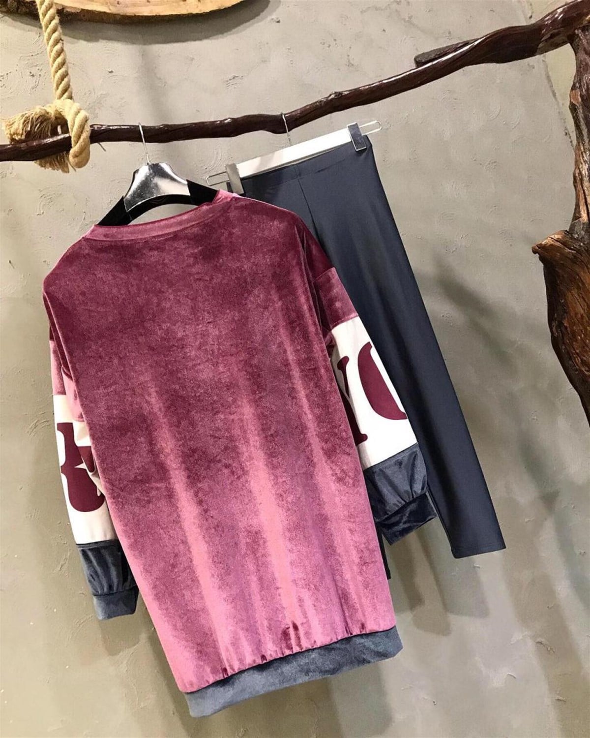 İki Renkli Kadife Sweatshirt (GÜL KURUSU)