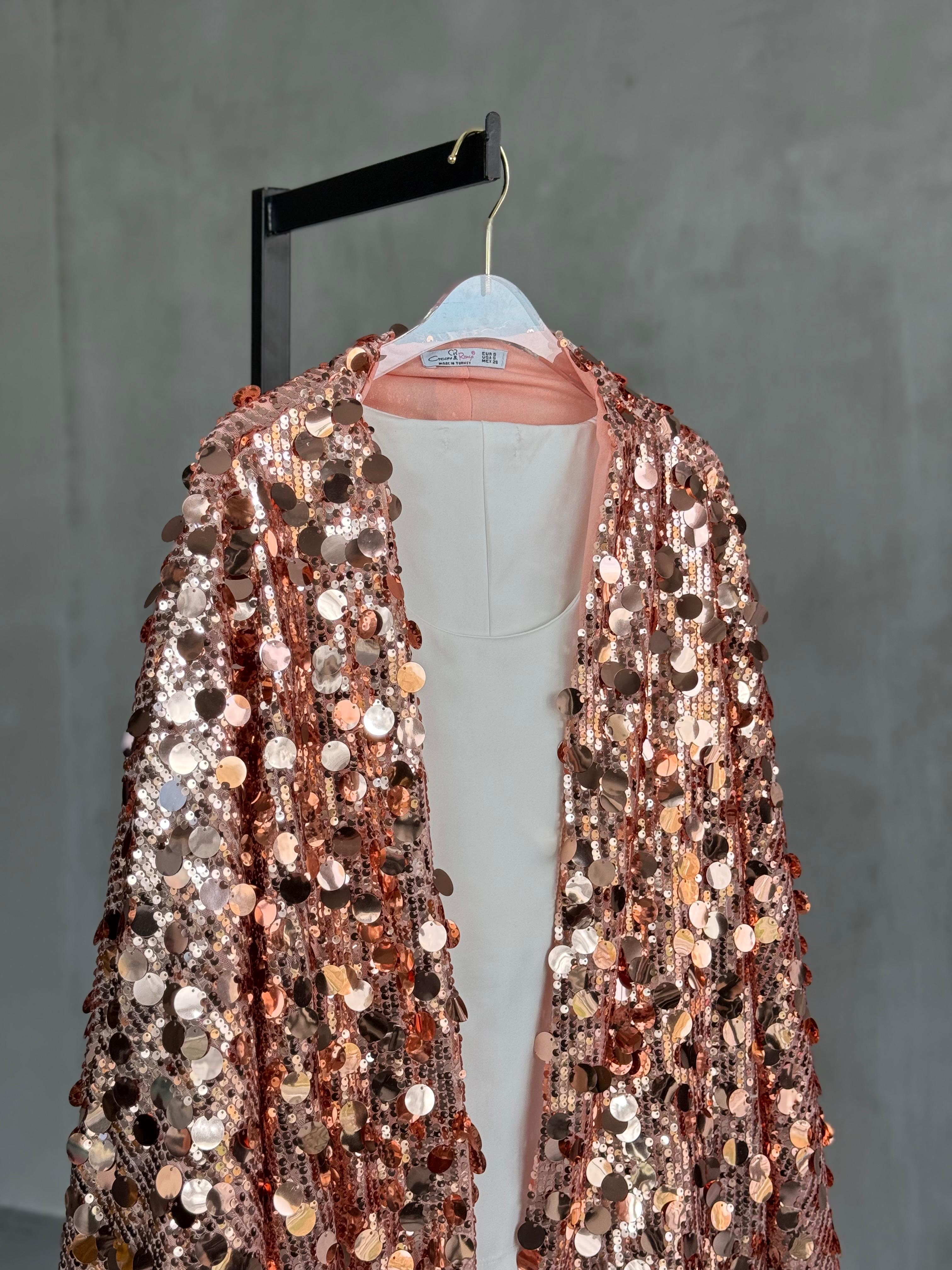 İri Pul Payetli Bomber Ceket (Pudra)