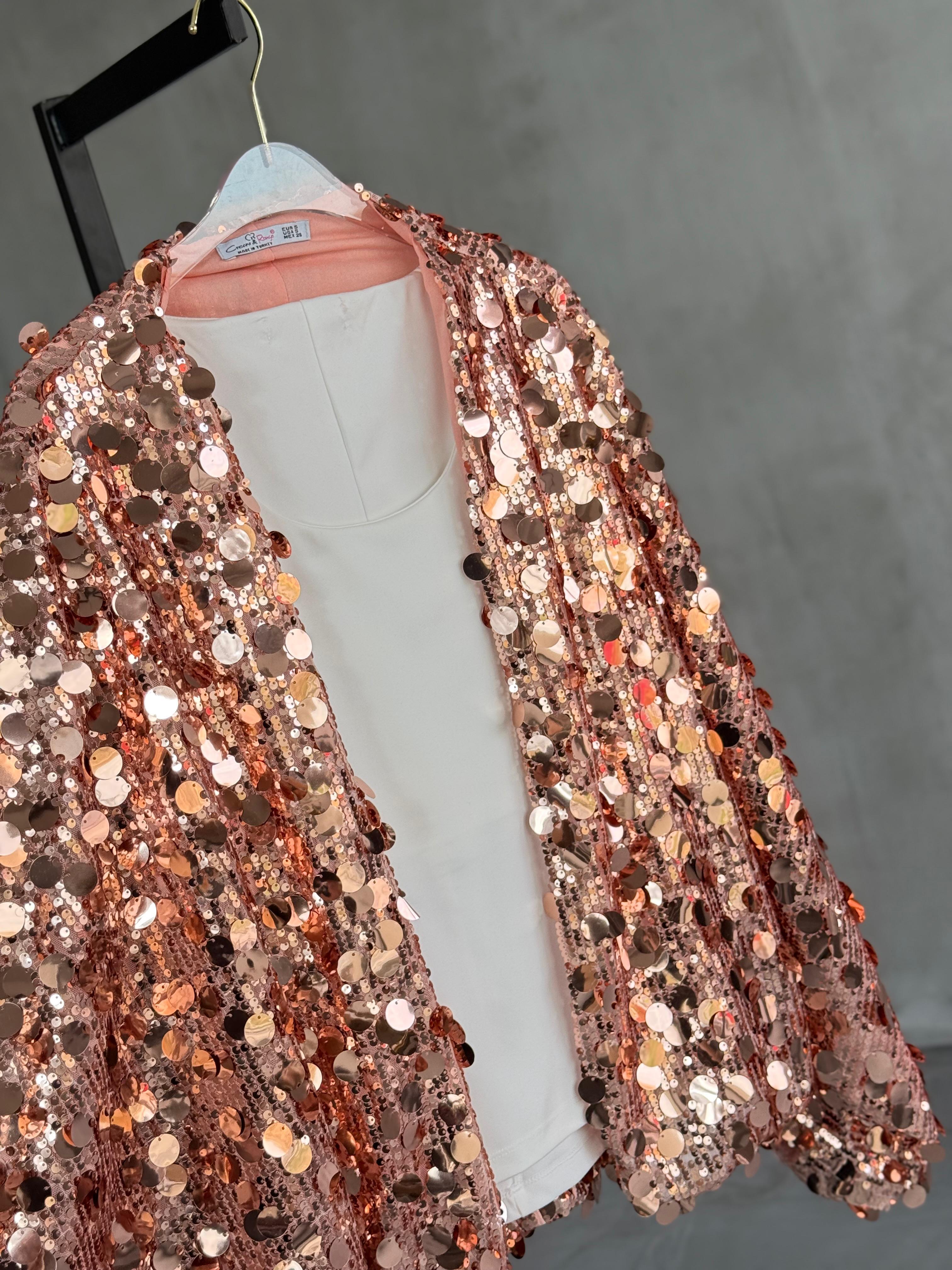 İri Pul Payetli Bomber Ceket (Pudra)