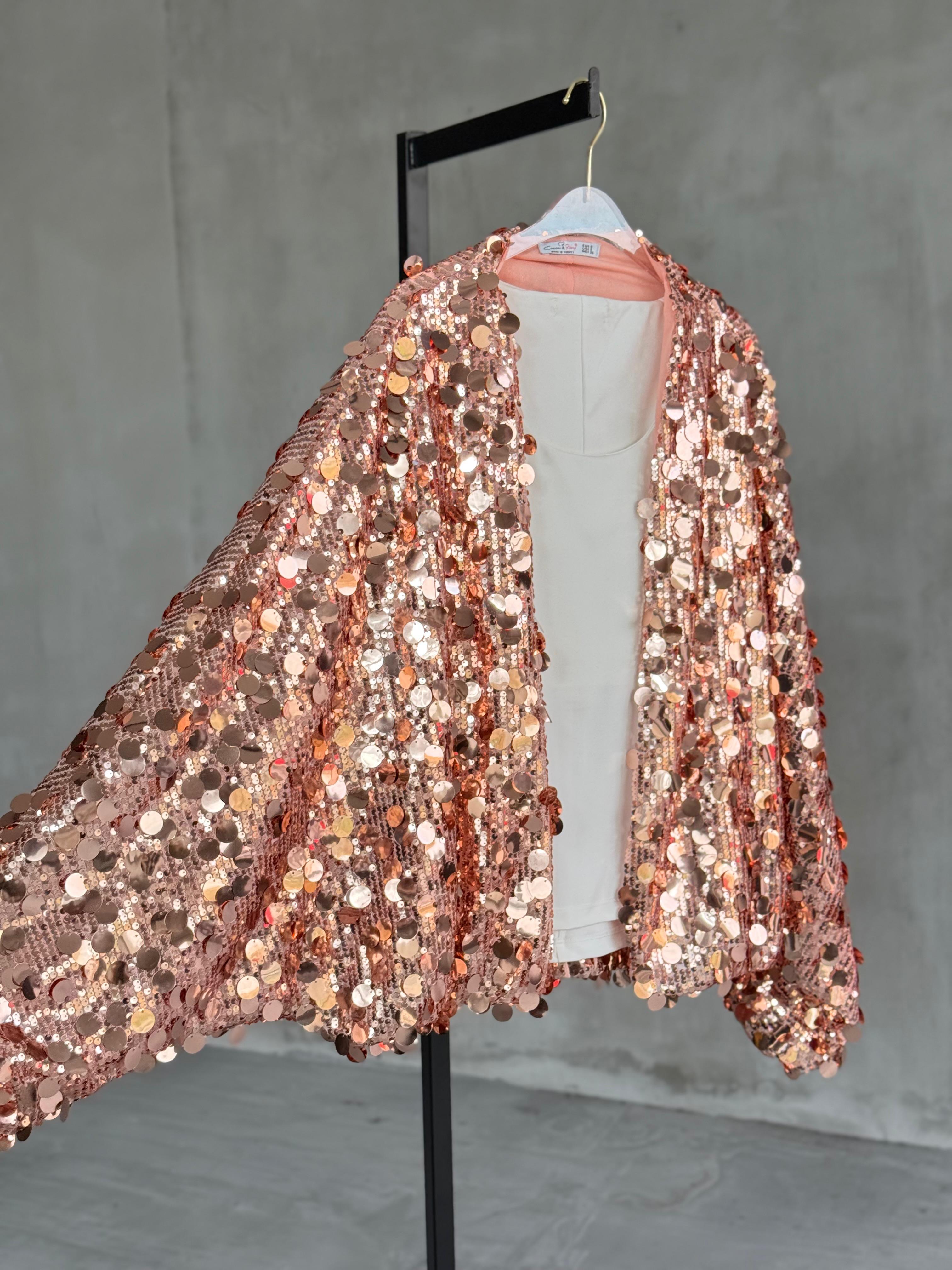 İri Pul Payetli Bomber Ceket (Pudra)