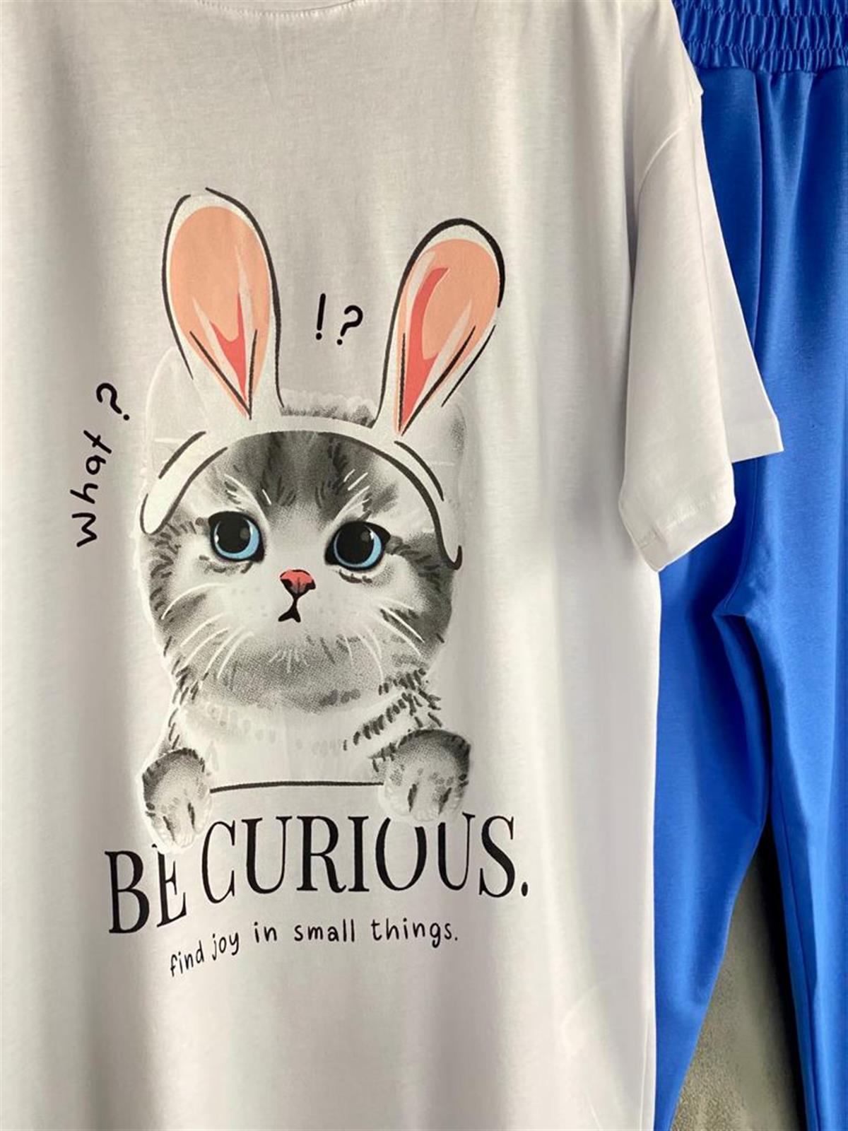 Kedi Baskılı Oversize Tunik Tişört (Beyaz)