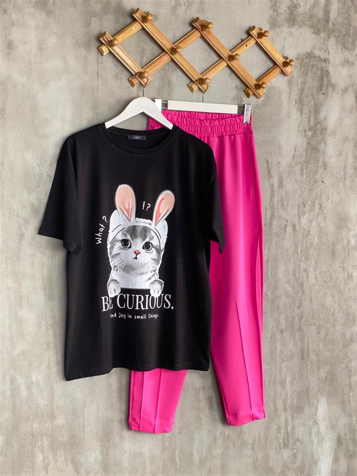 Kedi Baskılı Oversize Tunik Tişört (Siyah)