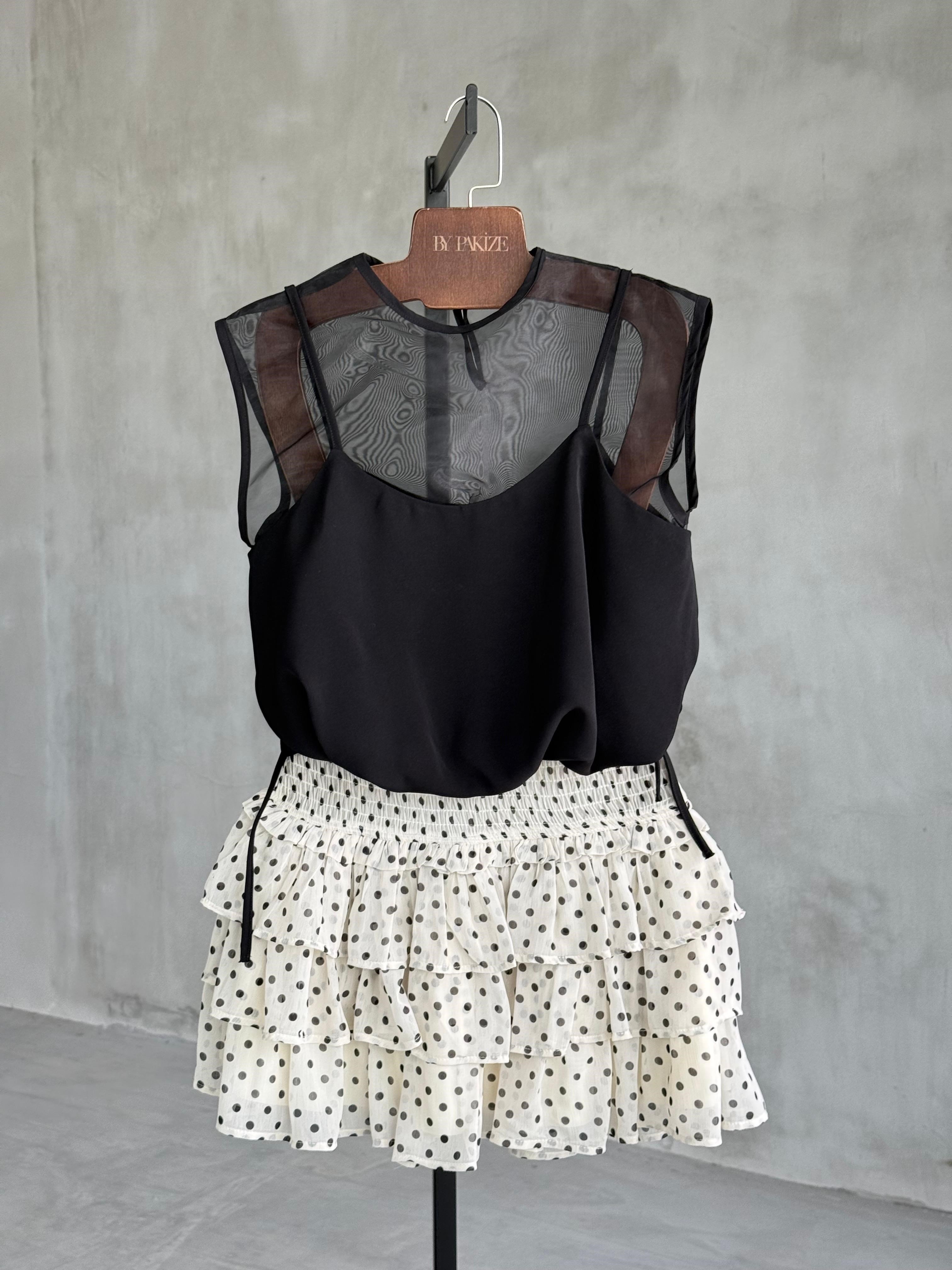 Korse Form Kat Kat Puantiyeli Şifon Etek (Ekru)