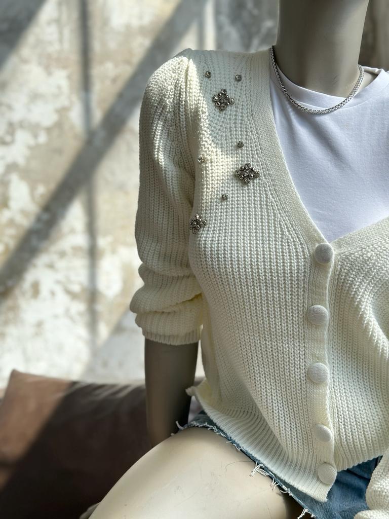 Kristal Taş İşçilikli Örme Dokulu Hırka (Ekru)