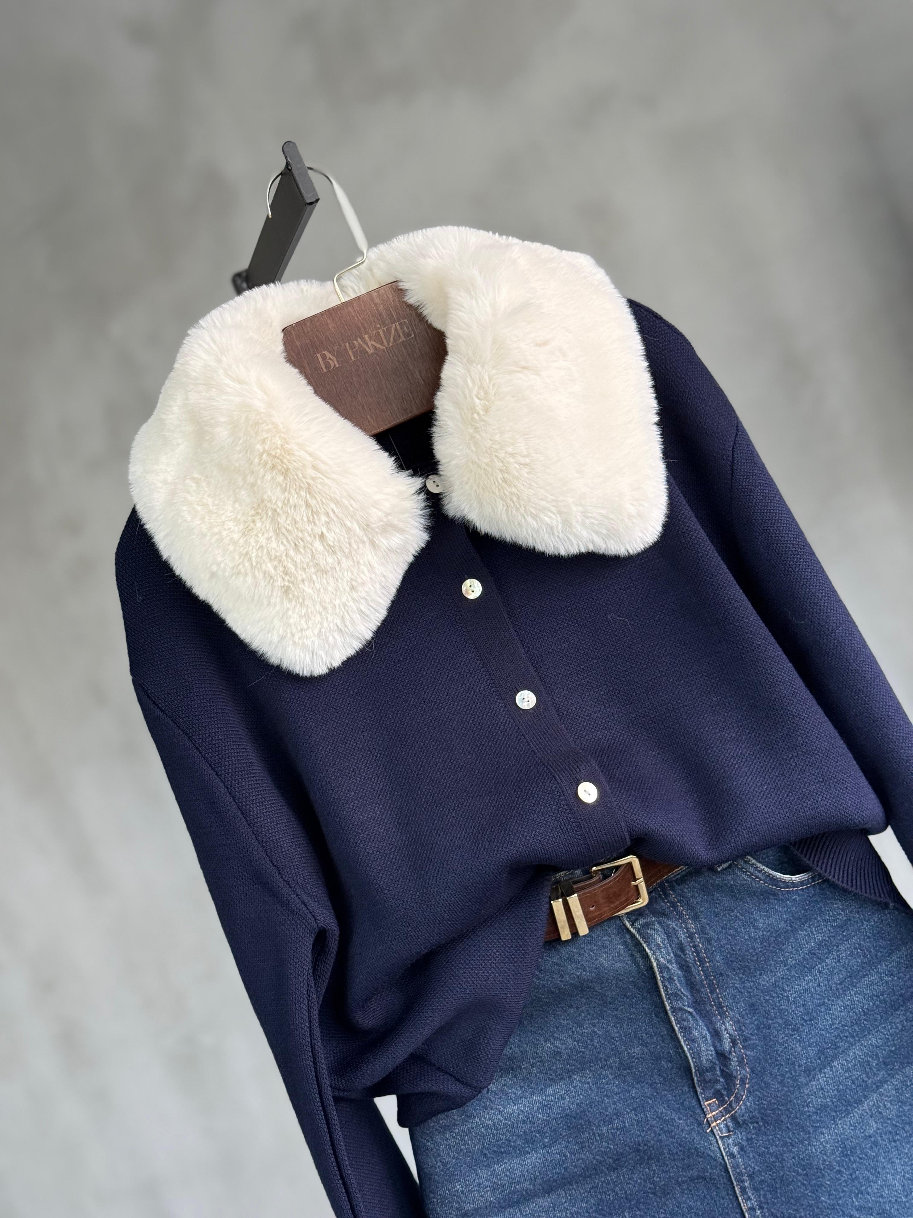 Kürk Yaka Detaylı Hırka (Mavi)