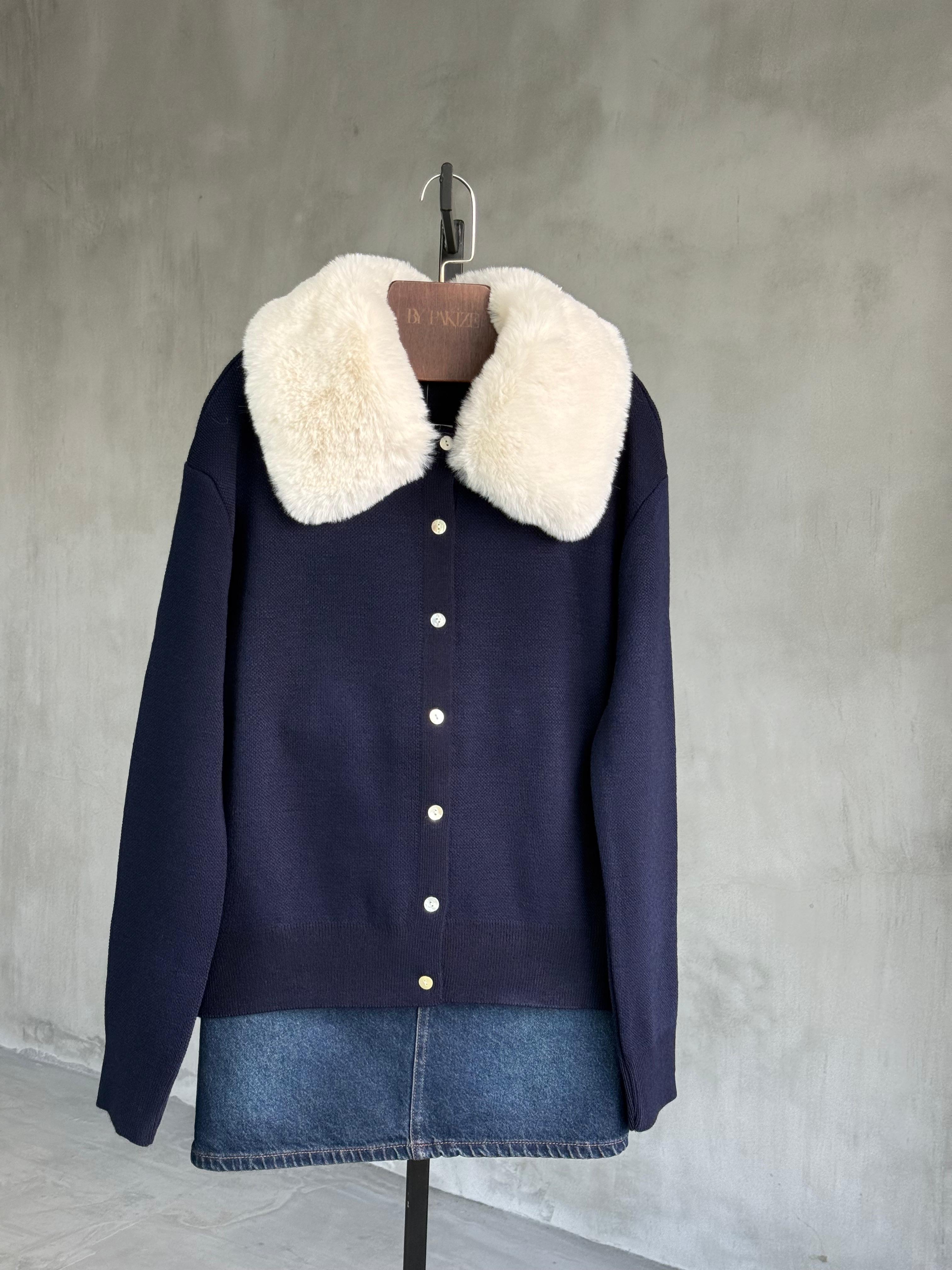 Kürk Yaka Detaylı Hırka (Mavi)