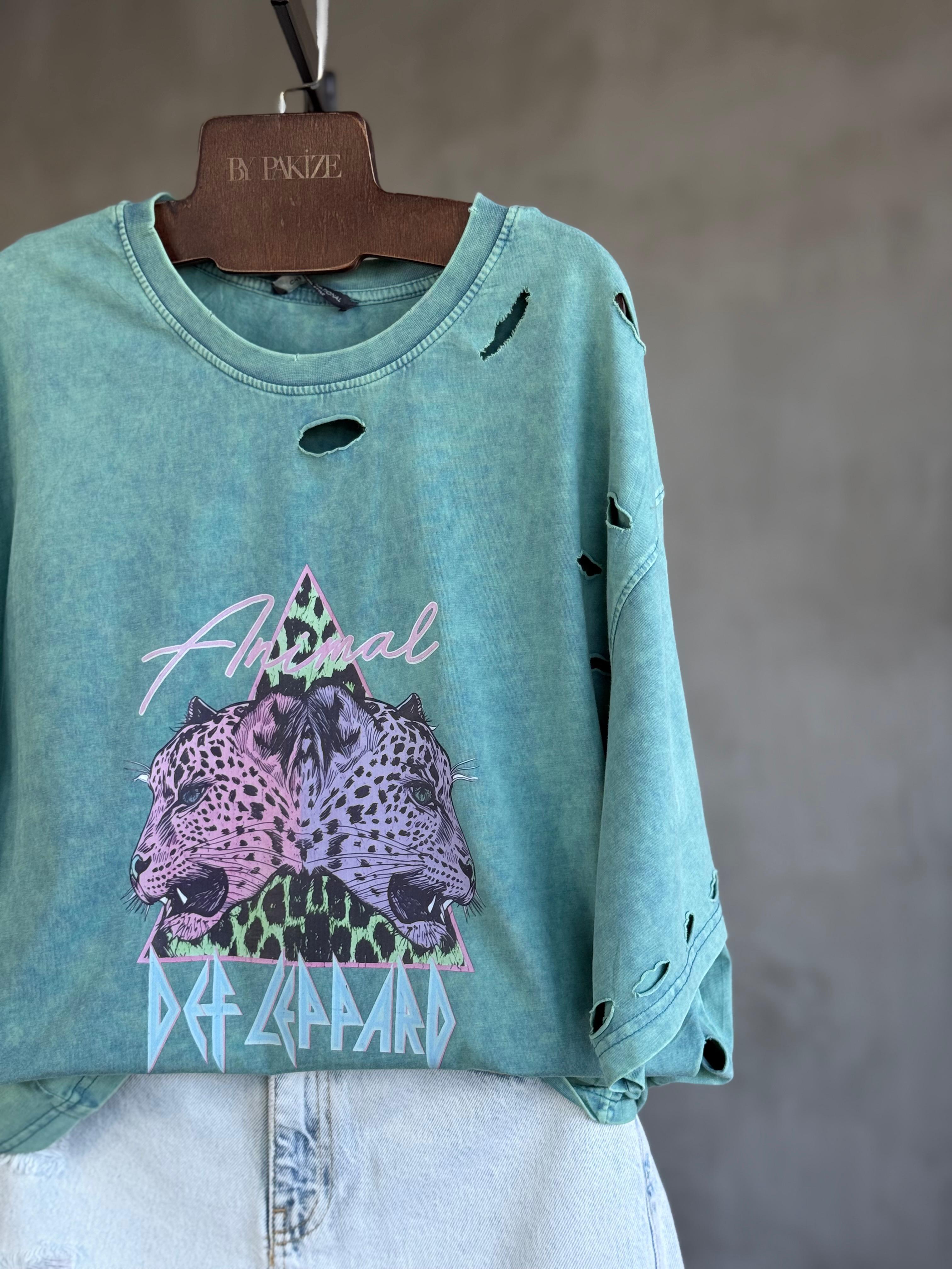 Lazer Kesim Detaylı Kaplan Baskılı Tişört (Turkuaz)